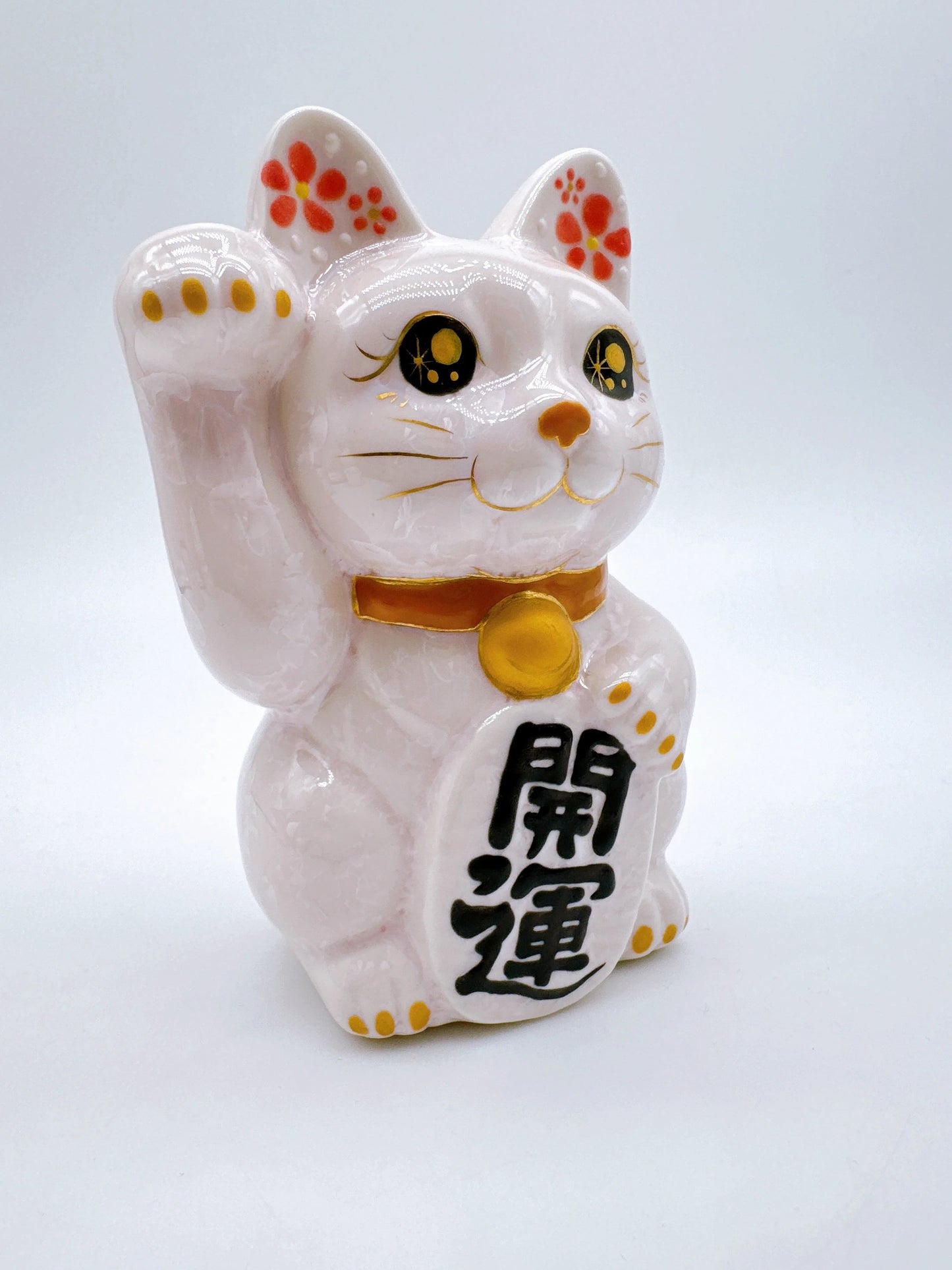 日本清水燒招財貓 花結晶 桃 開運 右
