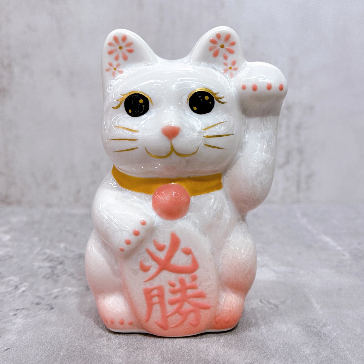日本清水燒招財貓 花結晶 桃白 必勝 左 特小