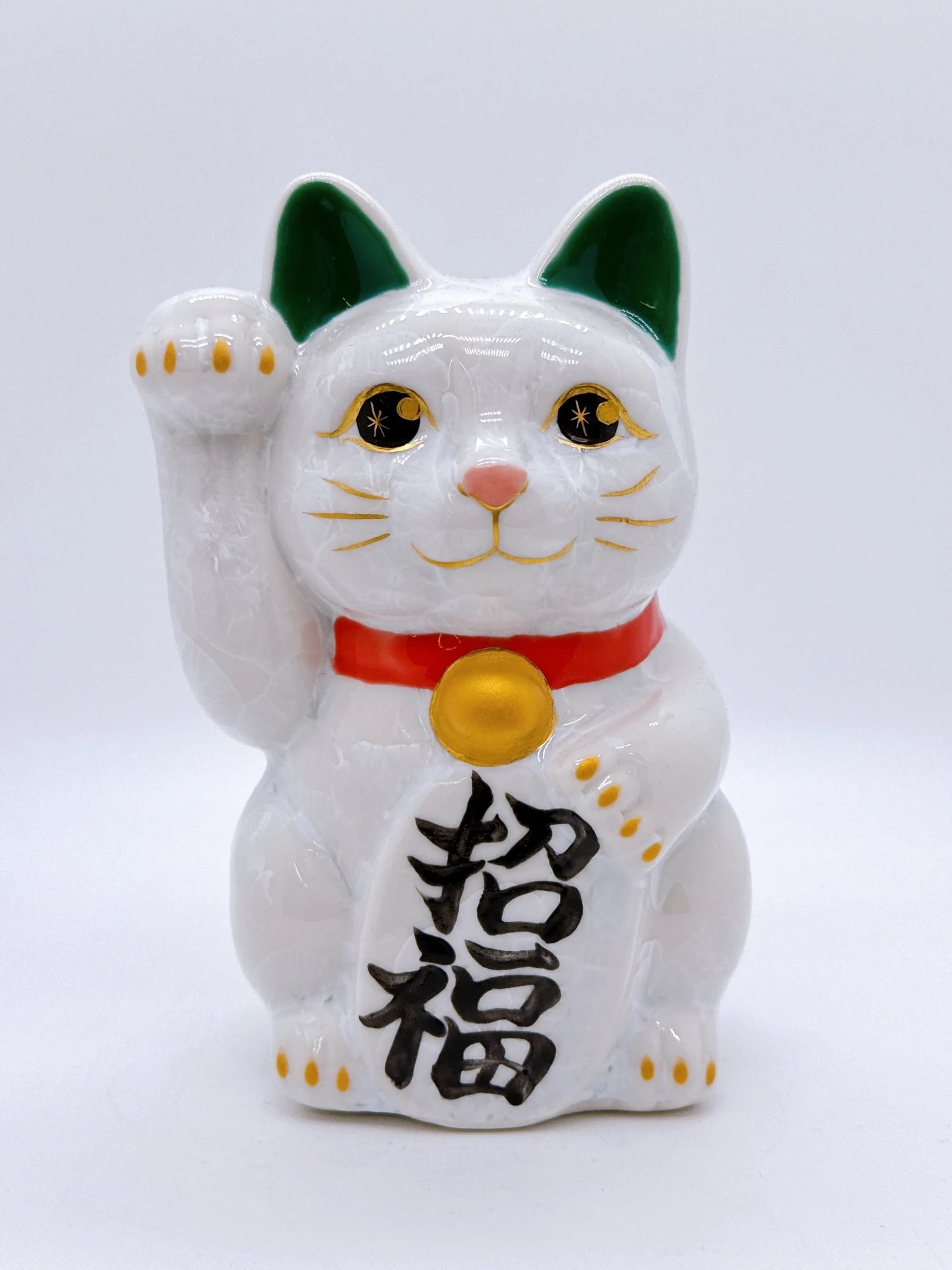 日本清水燒招財貓 花結晶 白 招福
