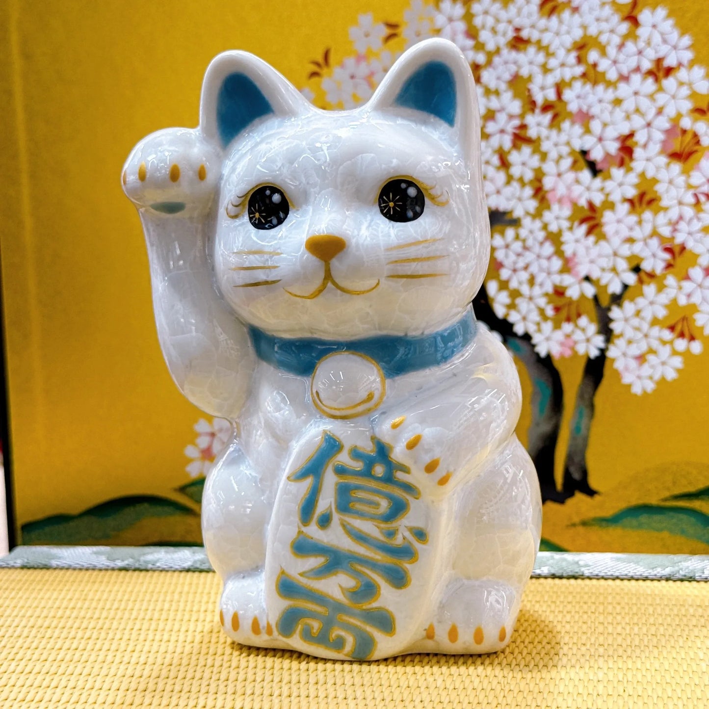 日本清水燒招財貓 花結晶 白色 億万両 右