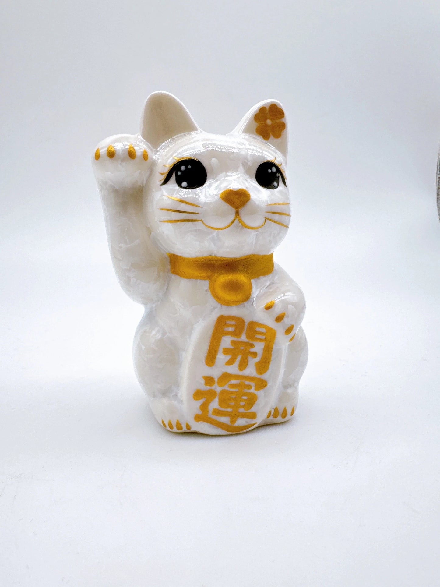 日本清水烧招财猫 花结晶 白 开运 右 特小