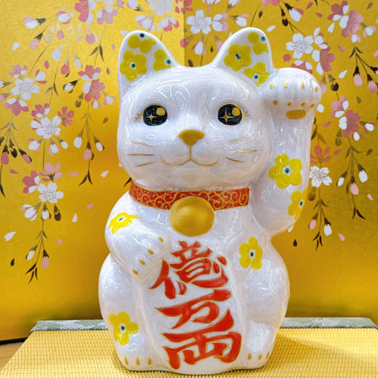 日本清水燒招財貓 花結晶 桃 億万両 特大 左