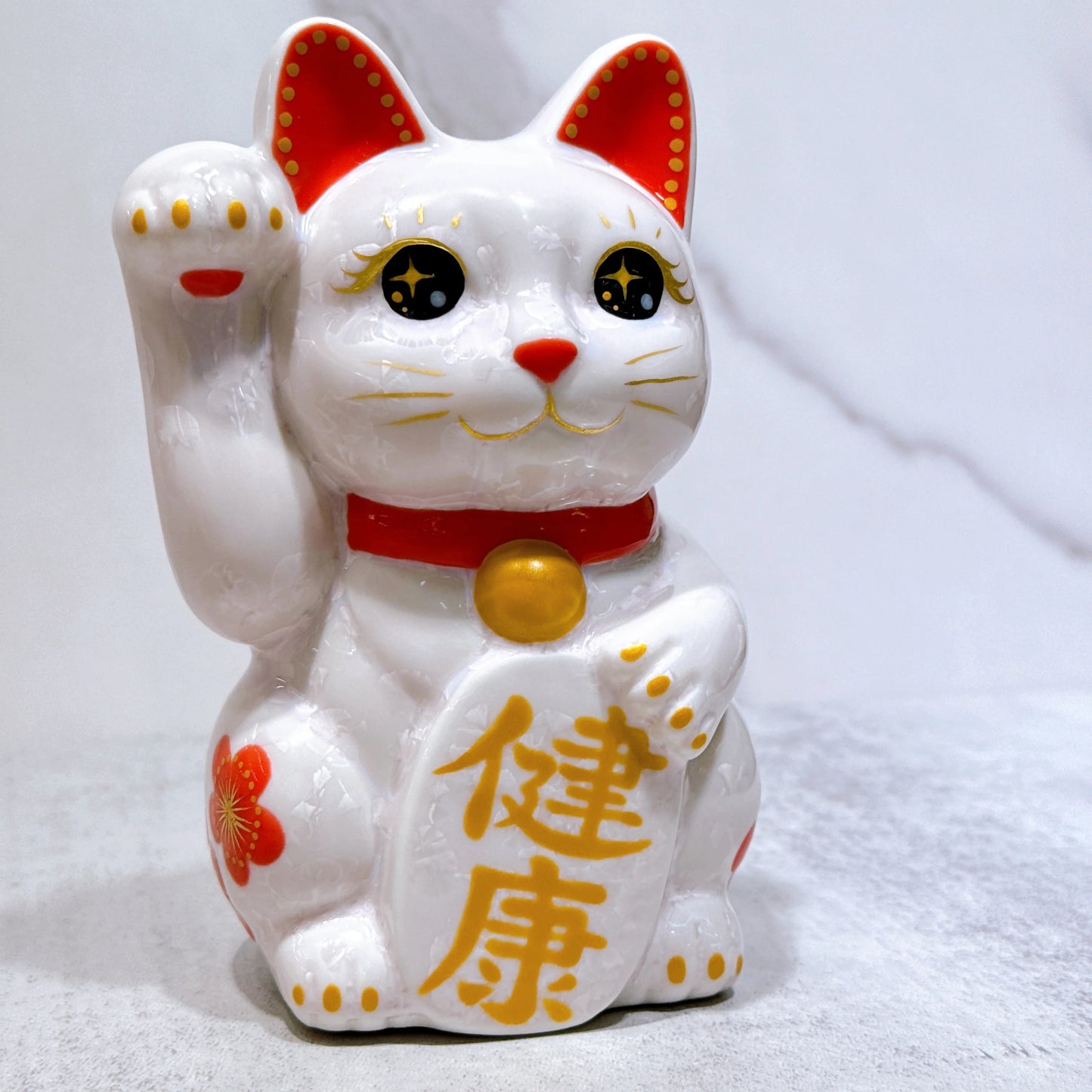 日本清水燒招財貓 花結晶 桃 体花 健康 右