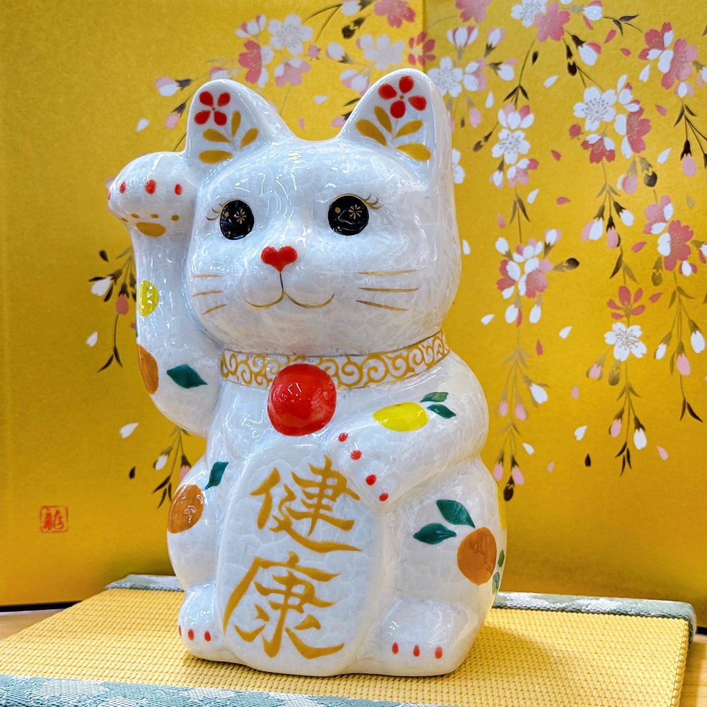 日本清水燒招財貓 花結晶 白 健康 特大 右