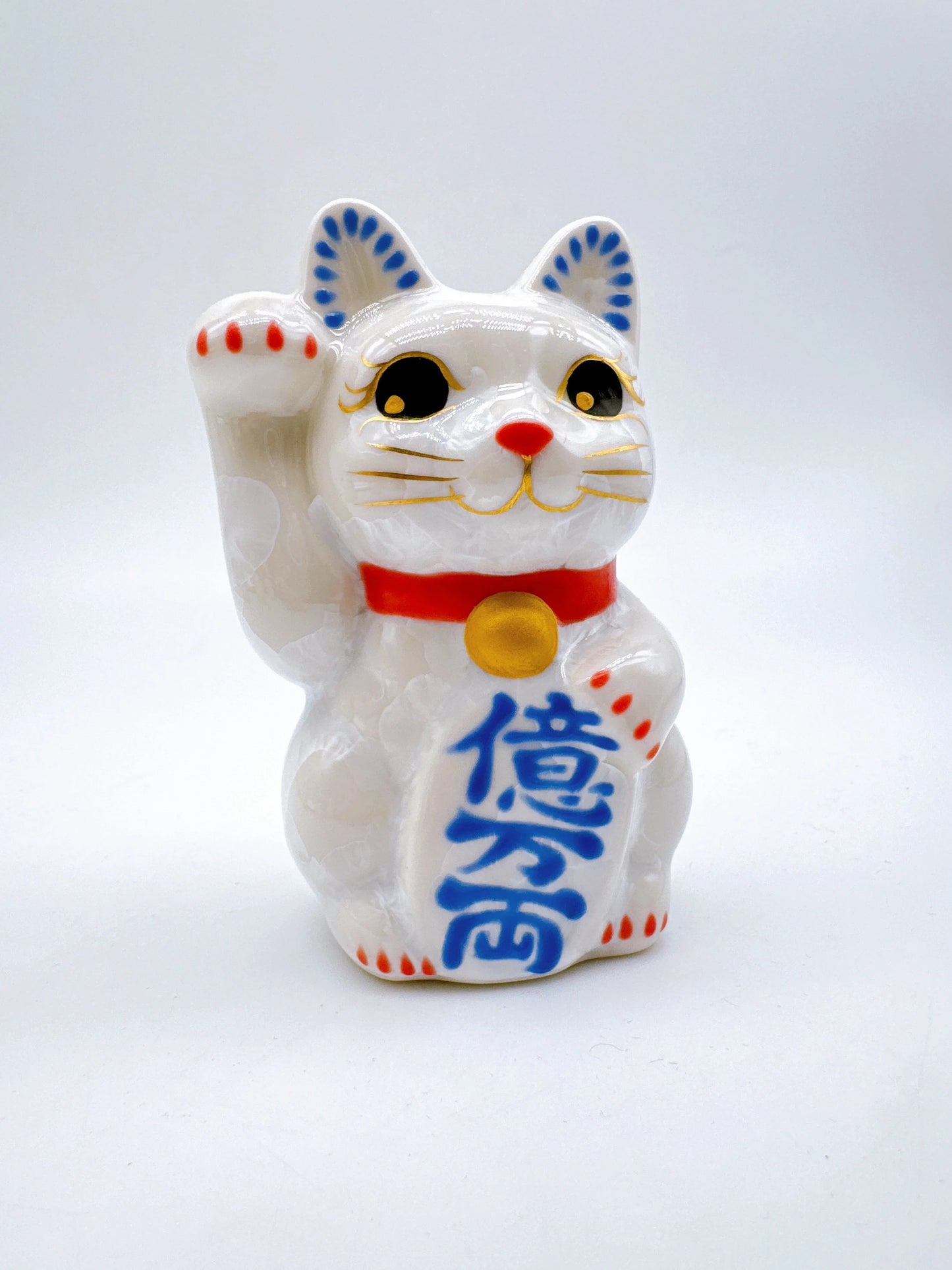 日本清水燒招財貓 花結晶 水白 億万両 右 特小