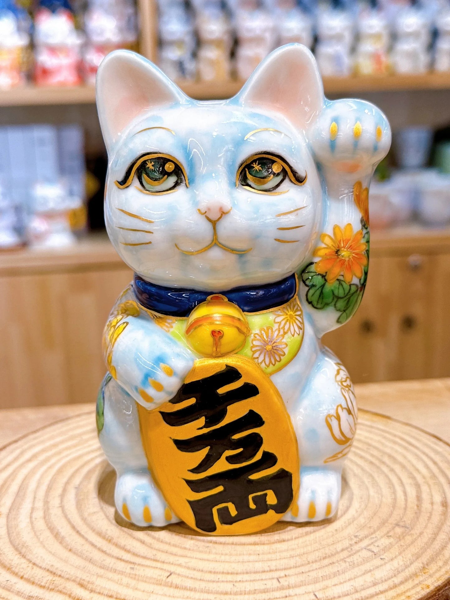 日本清水烧招财猫 水色地菊