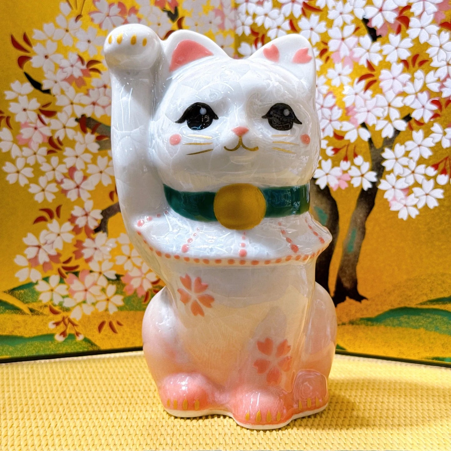 日本清水烧招财猫 花结晶 桃白 开运招福