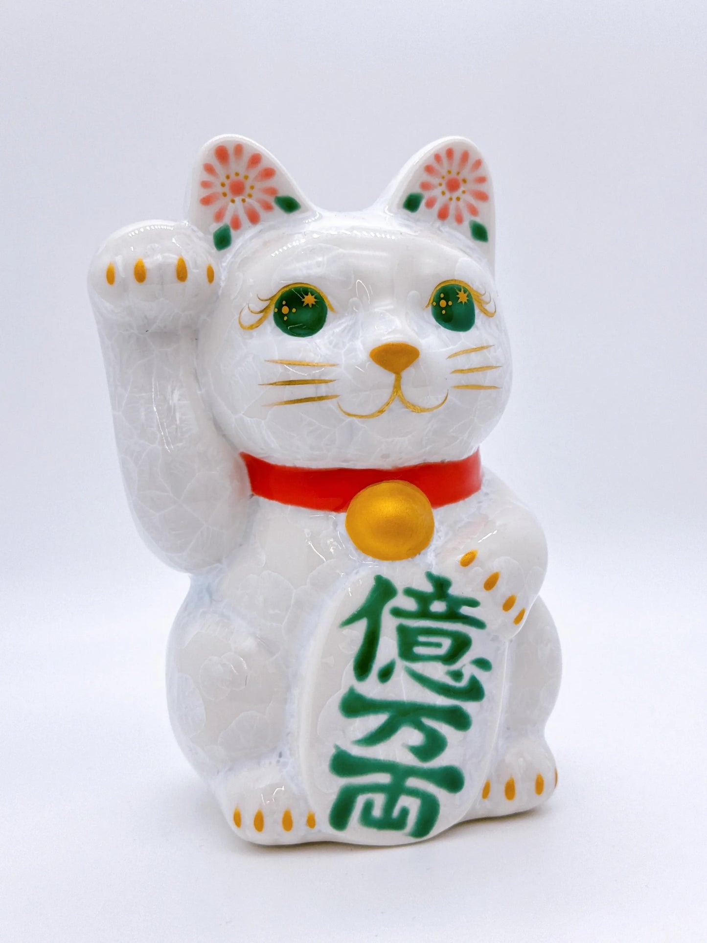 日本清水燒招財貓 花結晶 白 億万両 右
