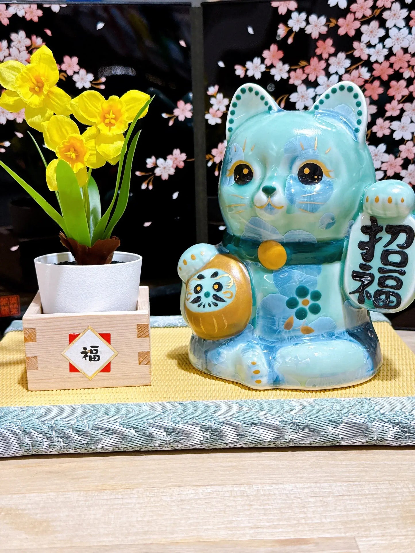 日本清水燒招財貓 達摩 花結晶 綠 招福