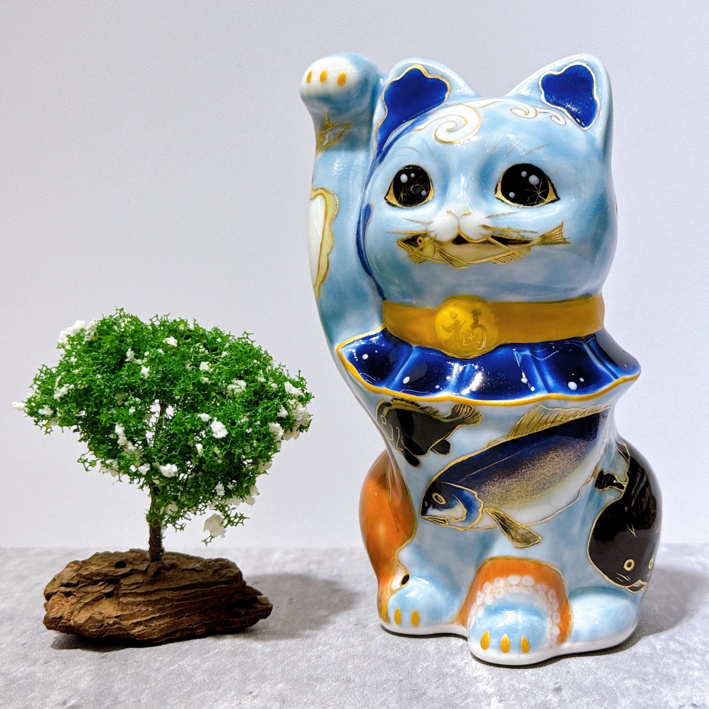 日本清水燒招財貓 色繪 伊藤若沖 魚群