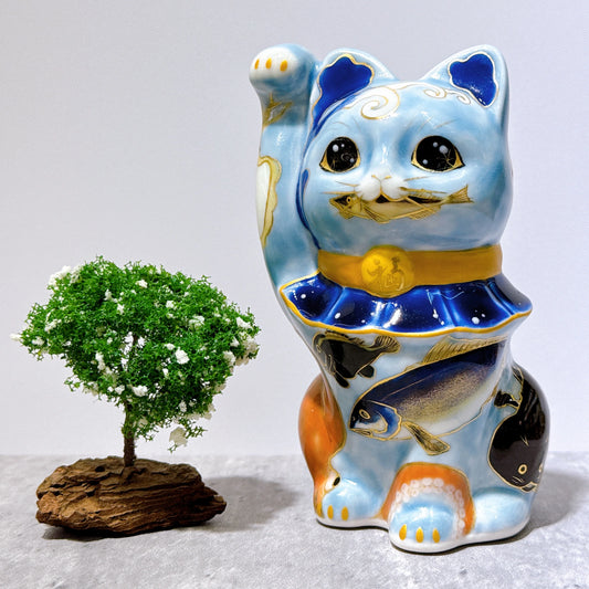 日本清水燒招財貓 色繪 伊藤若沖 魚群