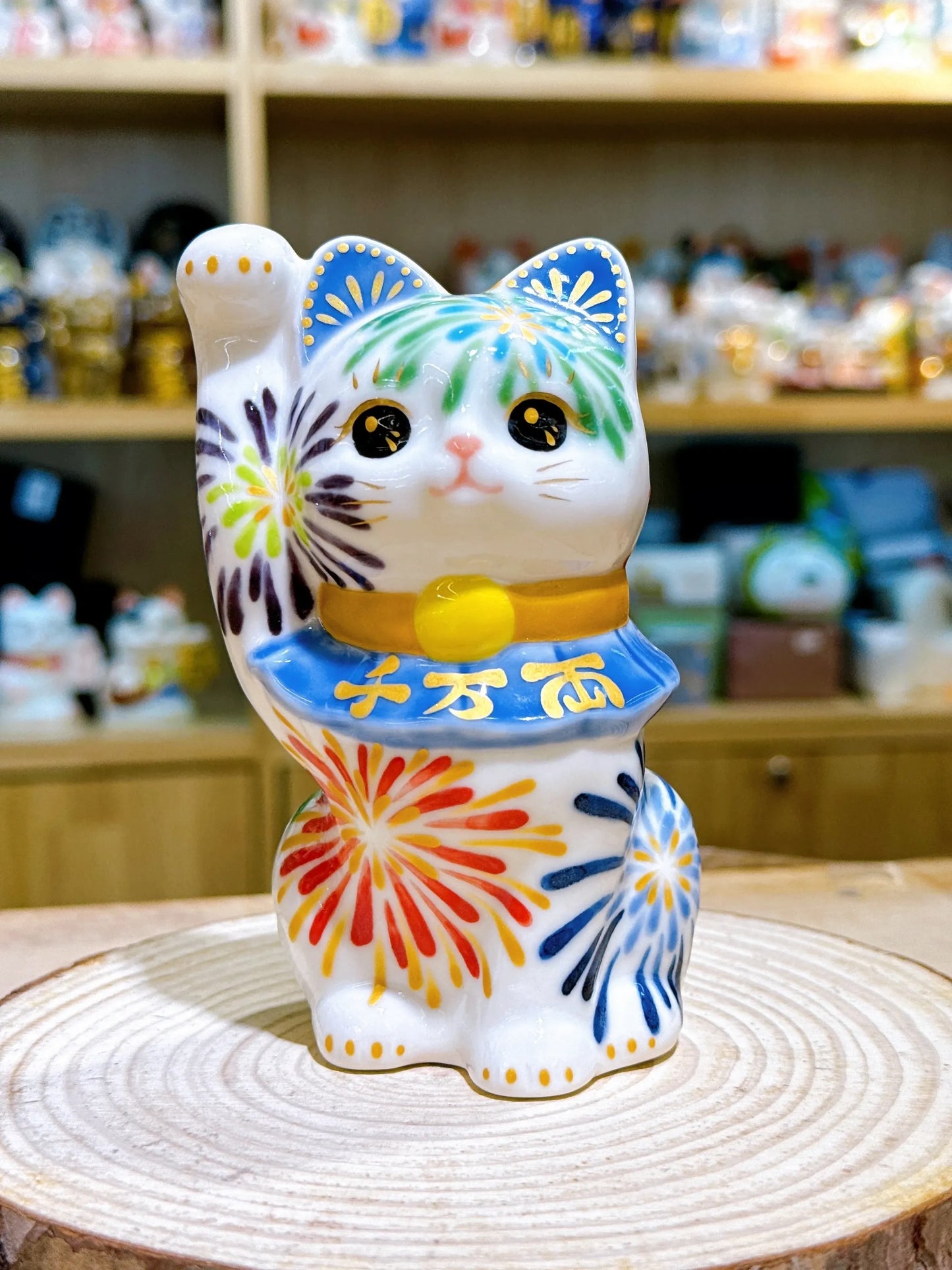 日本清水燒招財貓 色繪 花火