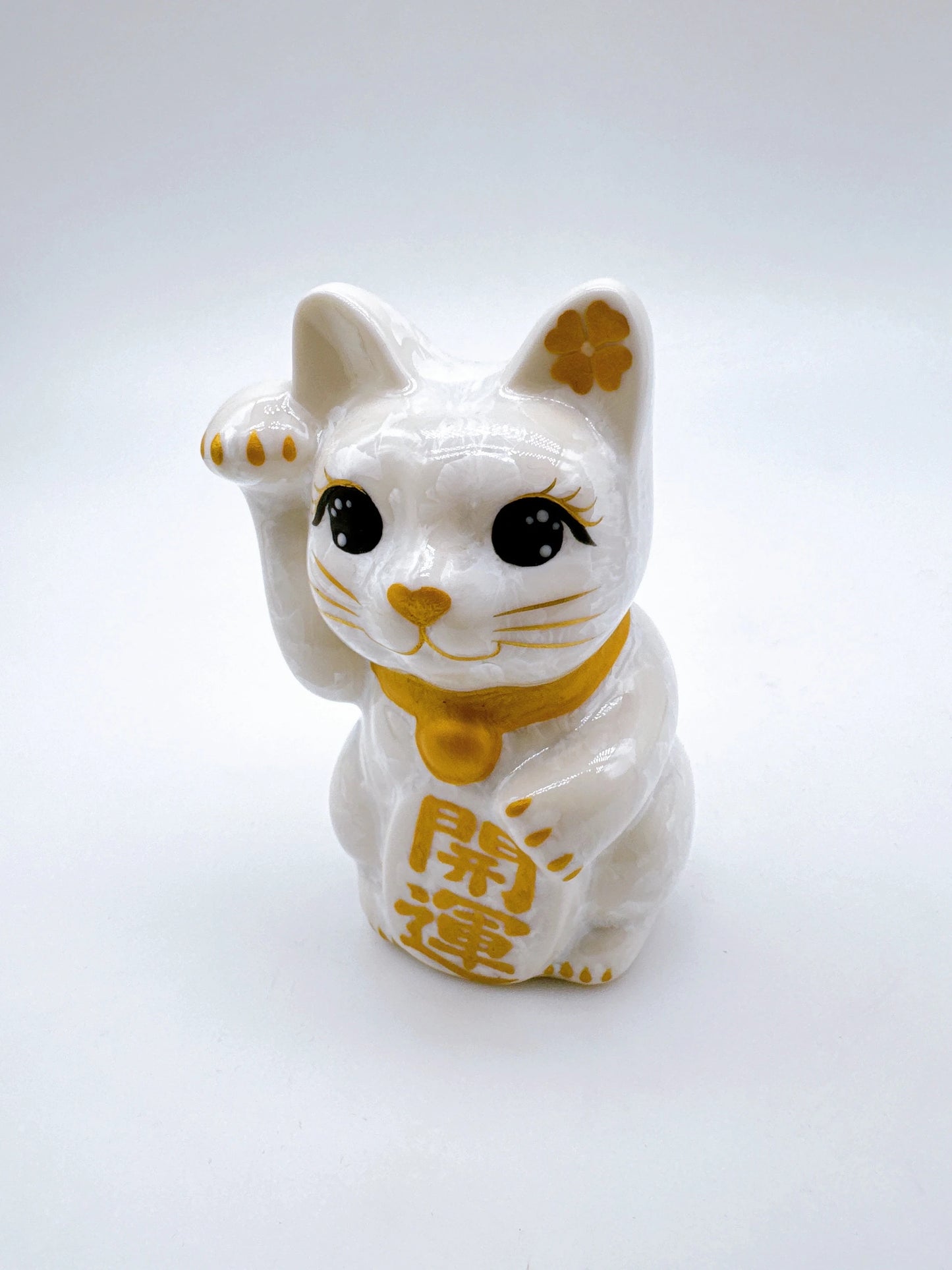 日本清水烧招财猫 花结晶 白 开运 右 特小