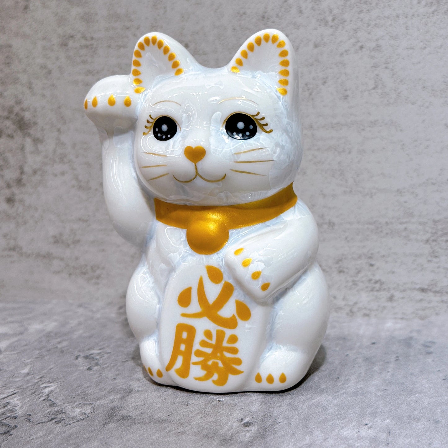 日本清水燒招財貓 花結晶 白 必勝 右 特小
