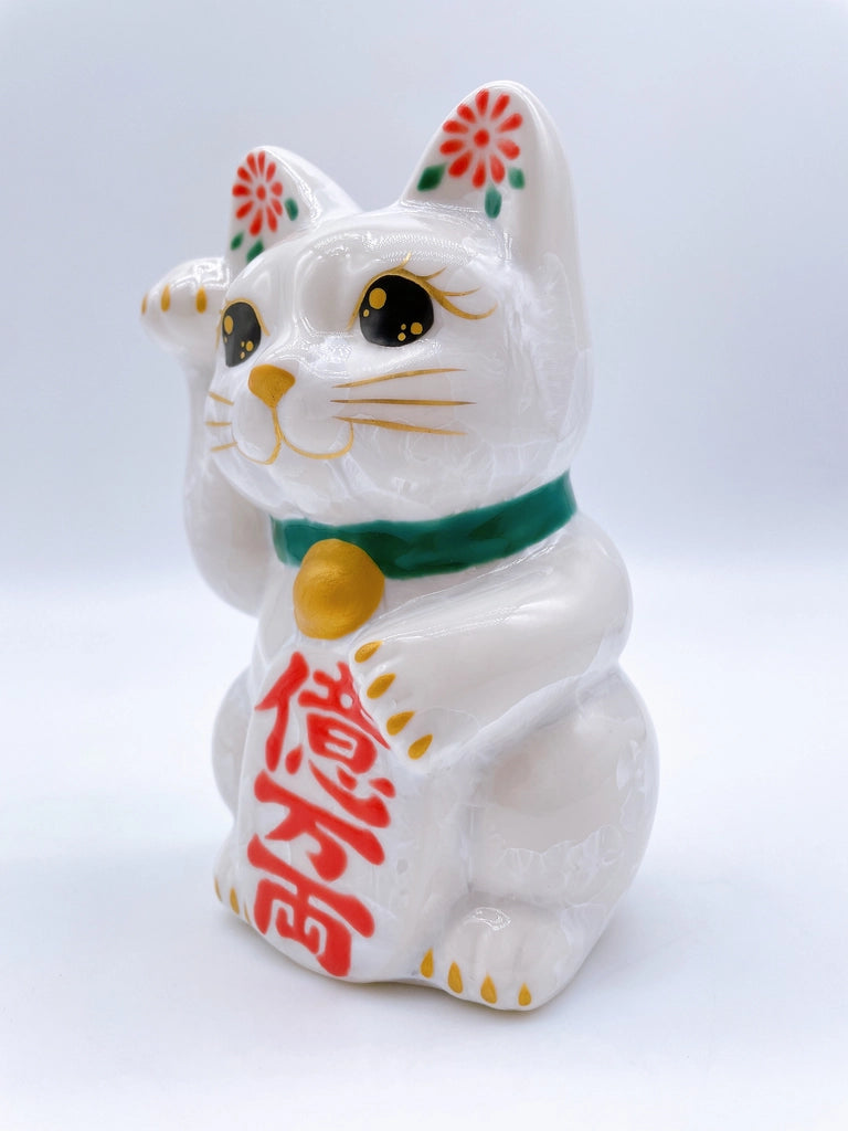 日本清水烧招财猫 花结晶 白 亿万两 右