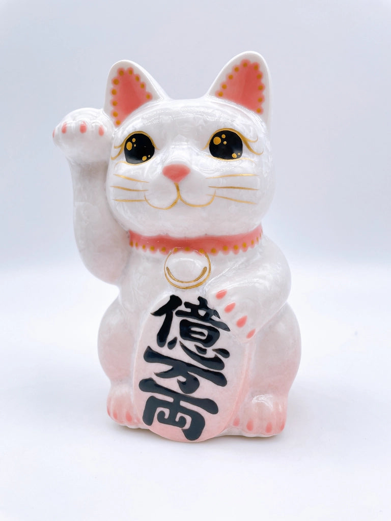 日本清水烧招财猫 花结晶 桃白 亿万两 右