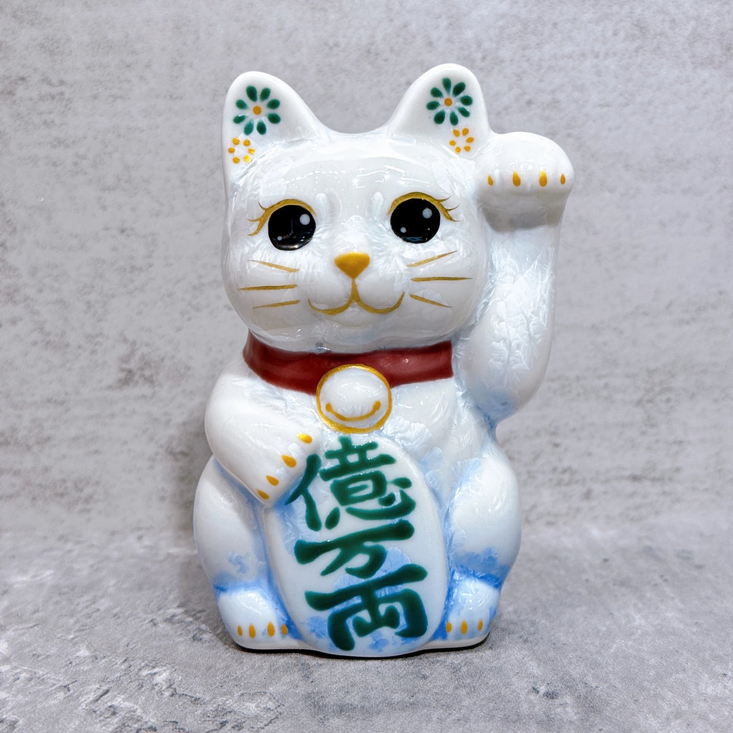 日本清水燒招財貓 花結晶 青白 億万両 左 特小