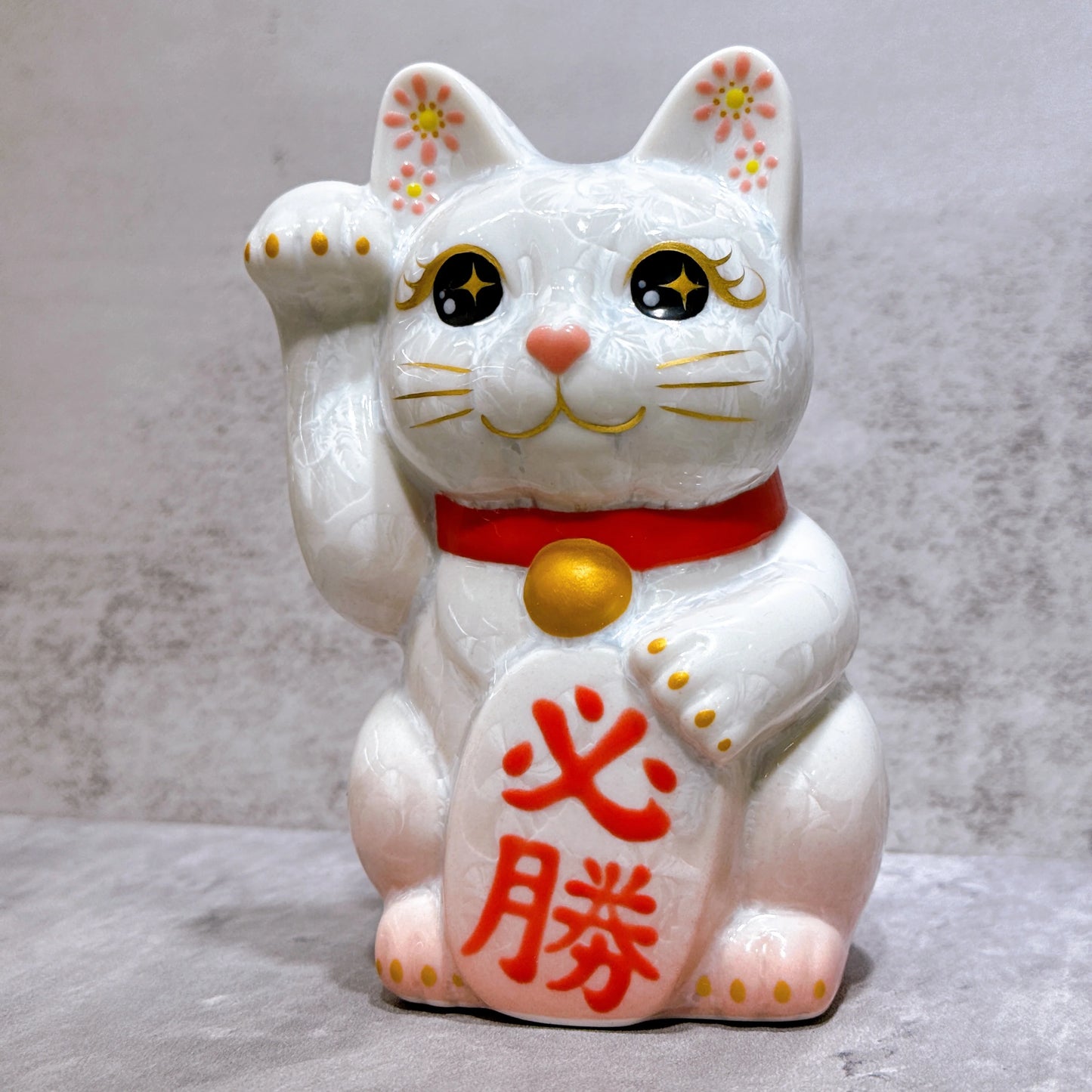 日本清水燒招財貓 花結晶 桃白 必勝 右