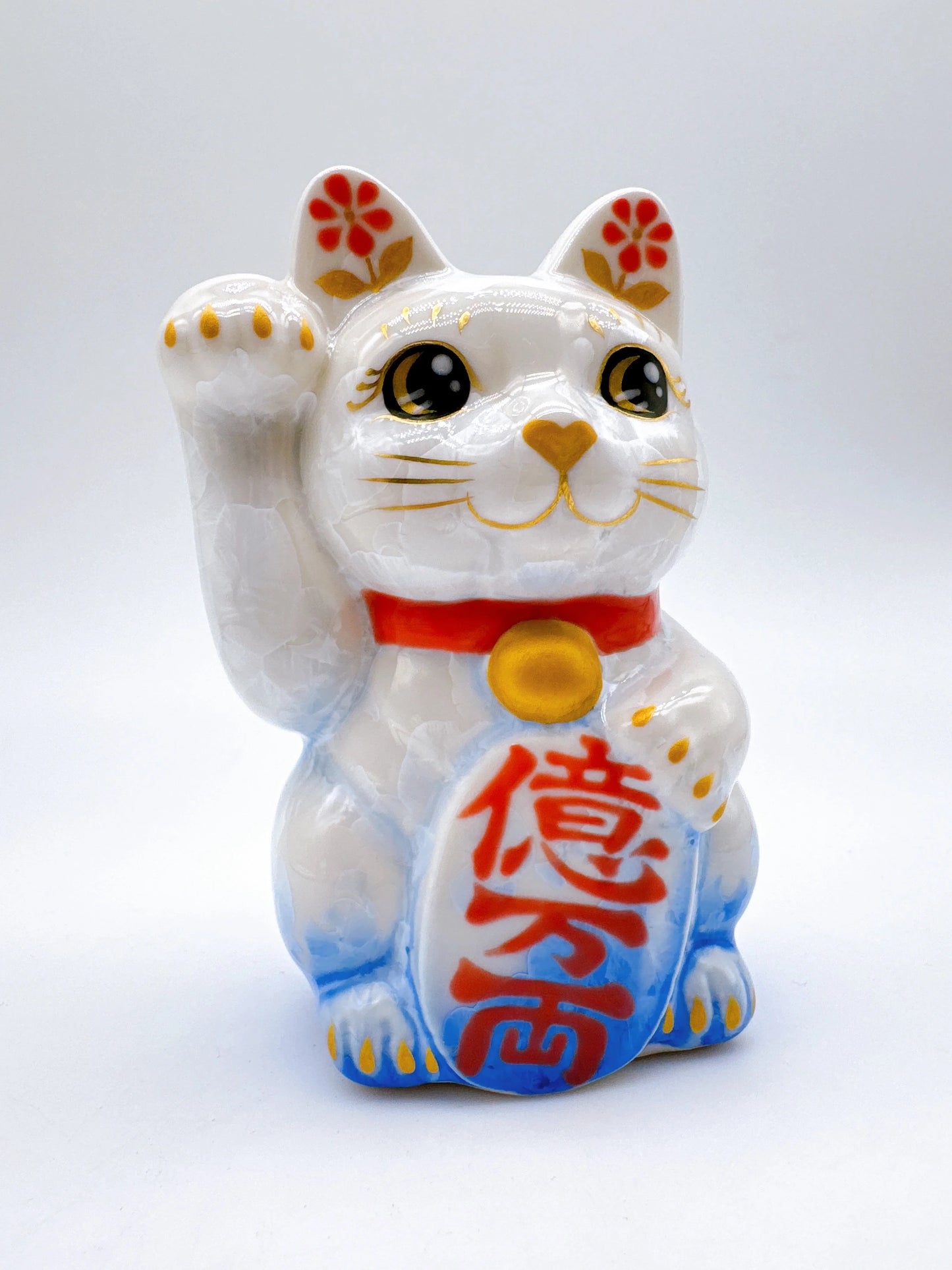 日本清水燒招財貓 花結晶 青白 億万両 右