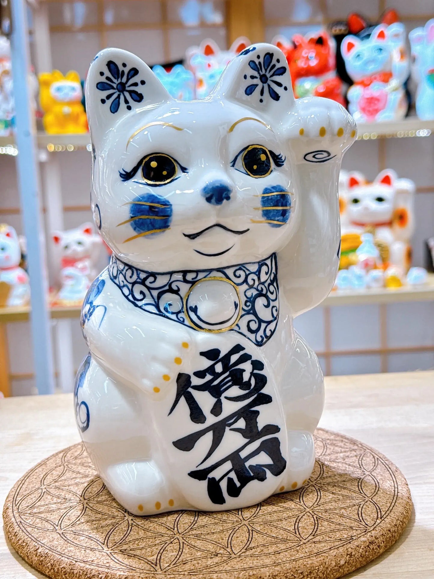 日本清水燒招財貓 染付 金彩福鳥 特大