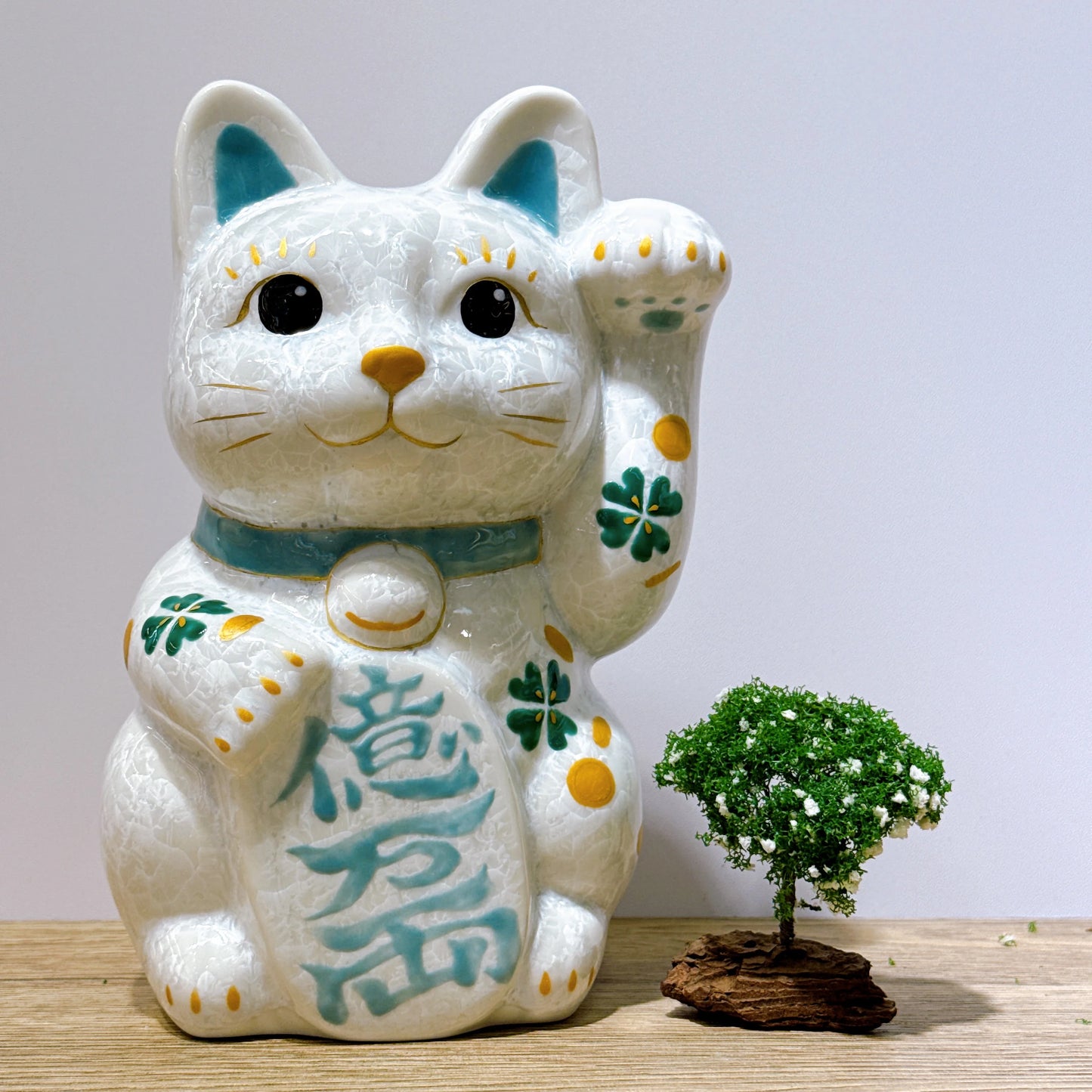 日本清水燒招財貓 花結晶 白 億万両 特大 左