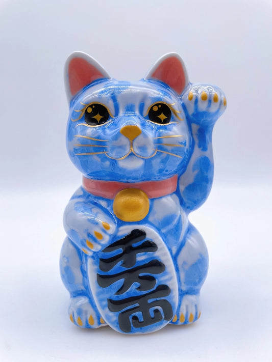 日本清水烧招财猫 花结晶 青 千万两 左