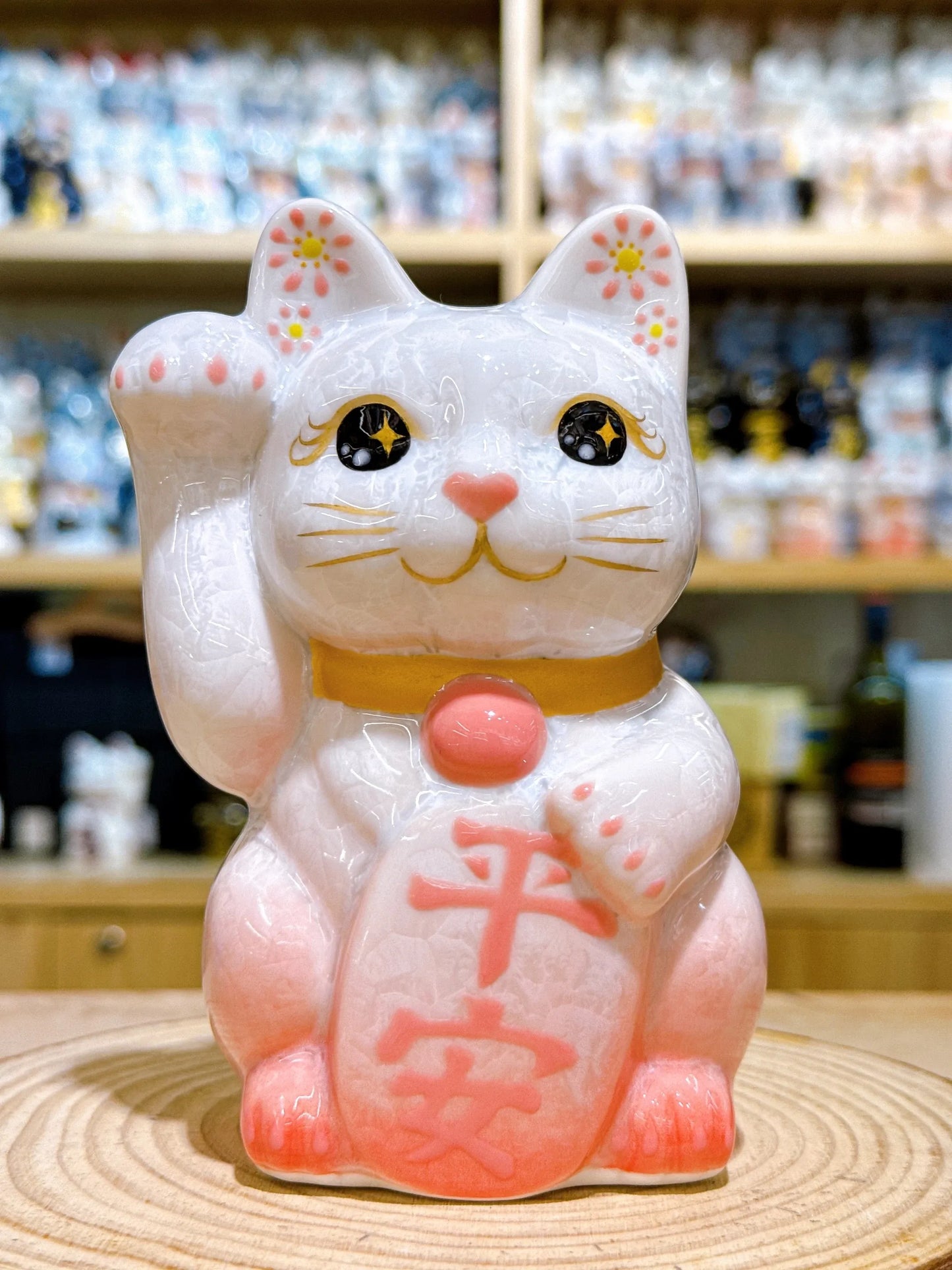日本清水燒招財貓 花結晶 桃白 平安 右