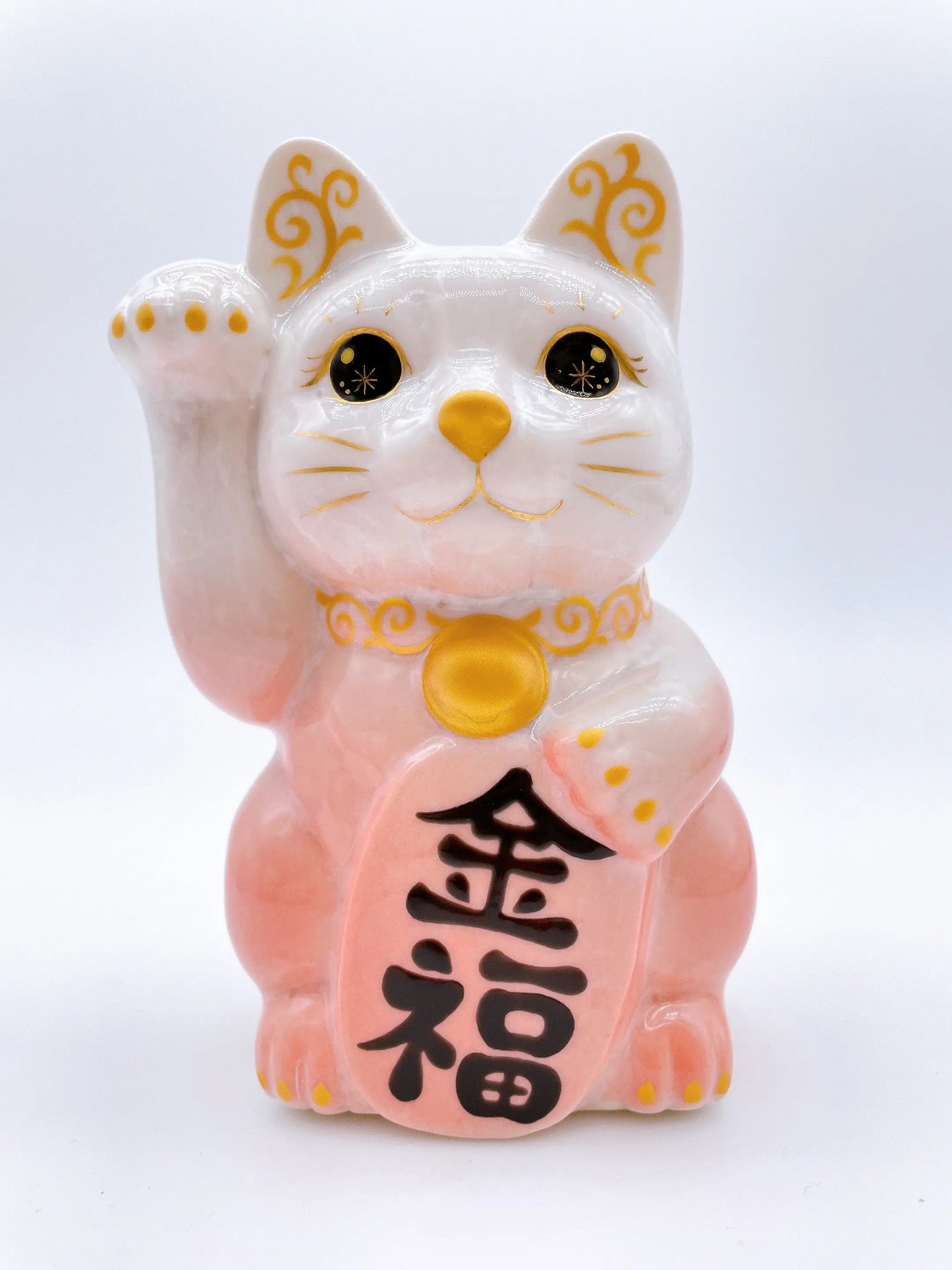 日本清水烧招财猫 花结晶 桃白 金福