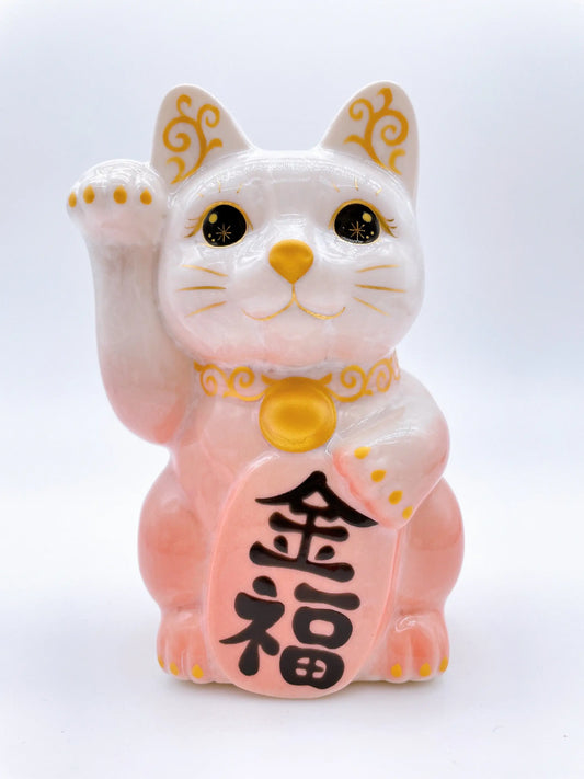 日本清水燒招財貓 花結晶&nbsp; 桃白 金福
