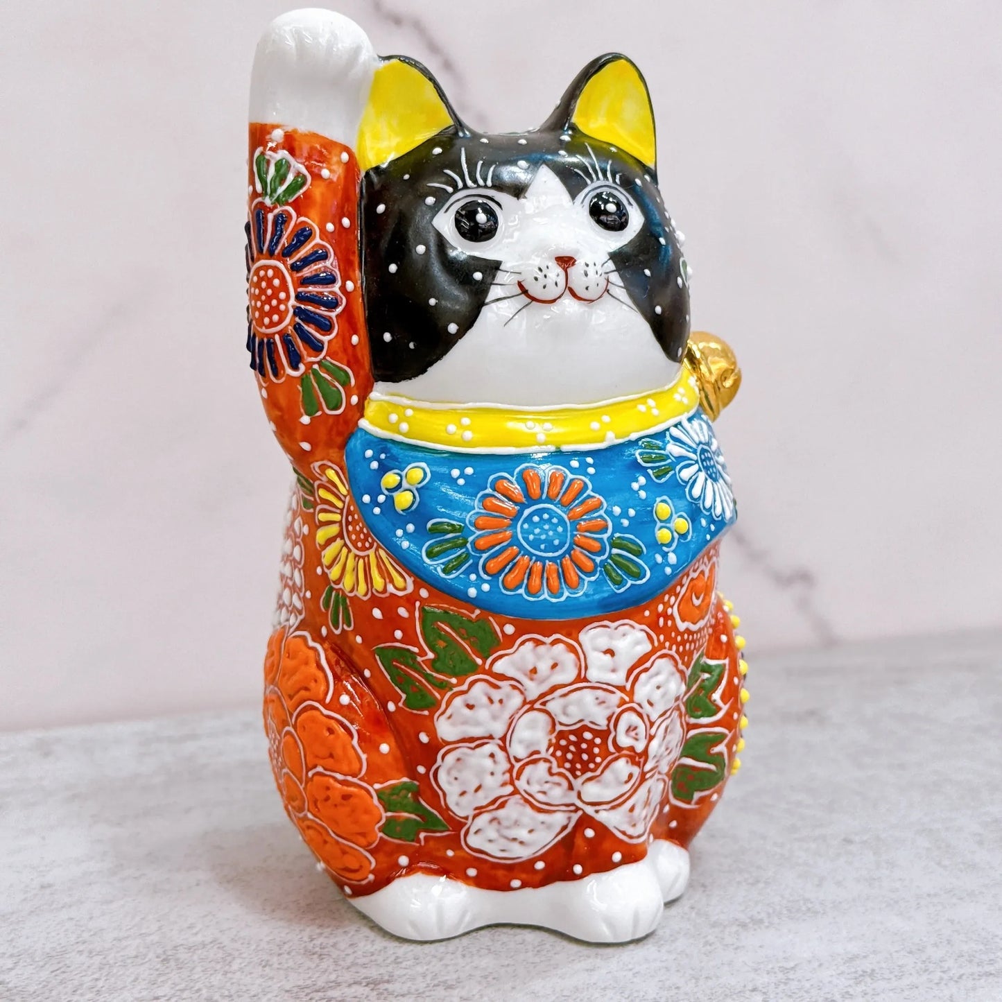 日本九谷燒招財貓 牡丹黑貓