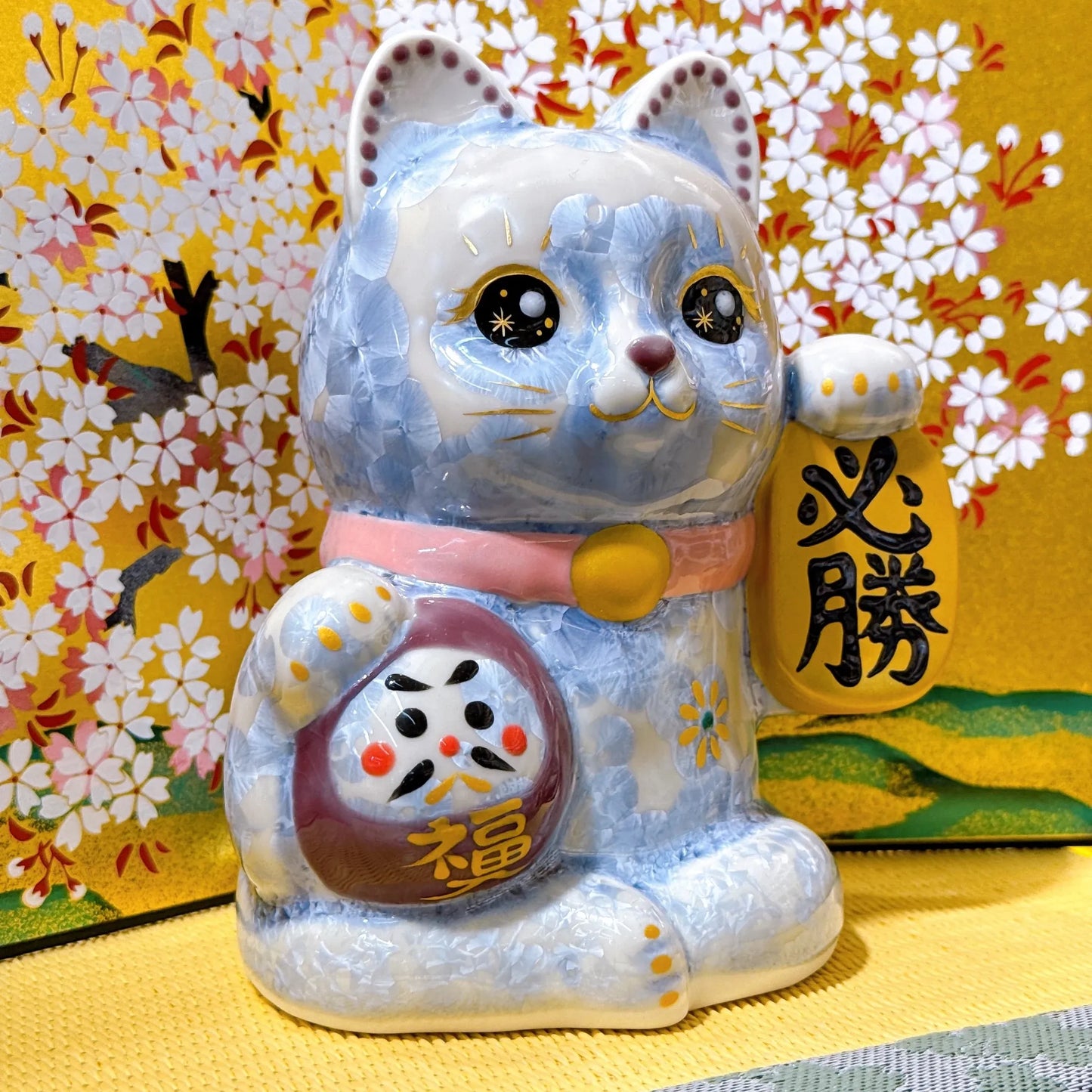 日本清水燒招財貓 達摩 花結晶 銀藤 必勝