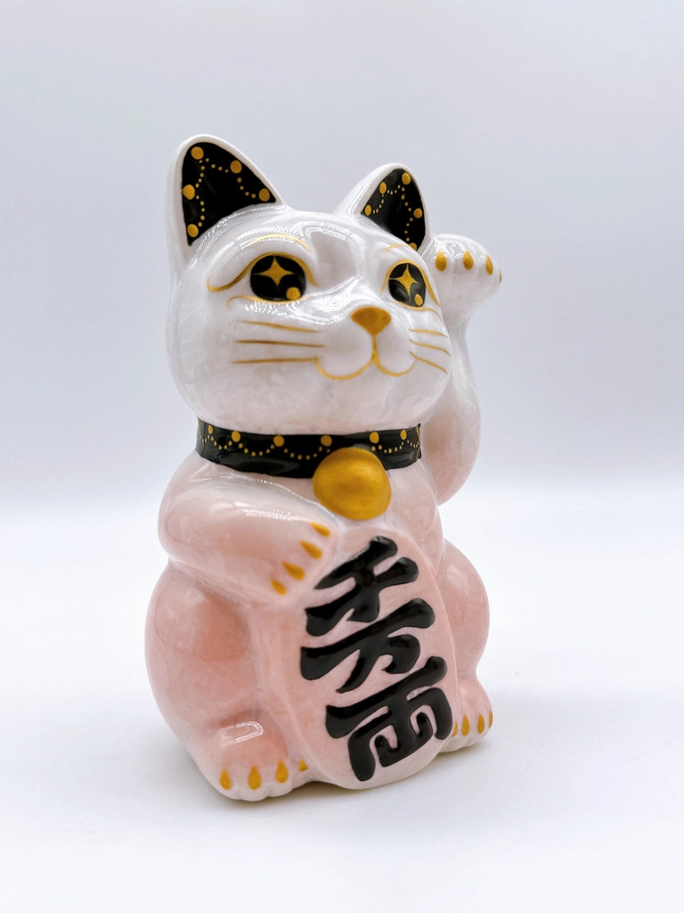 日本清水烧招财猫 花结晶 桃白 亿万两 右
