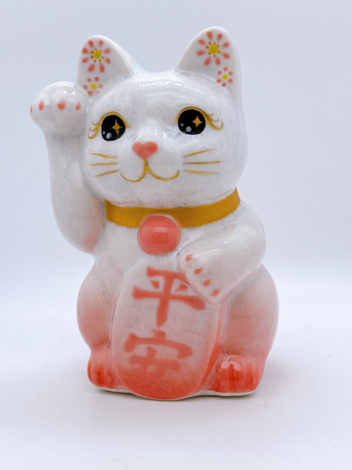 日本清水燒招財貓 花結晶 桃白 平安 右