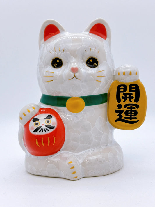 日本清水燒招財貓 花結晶 白 開運