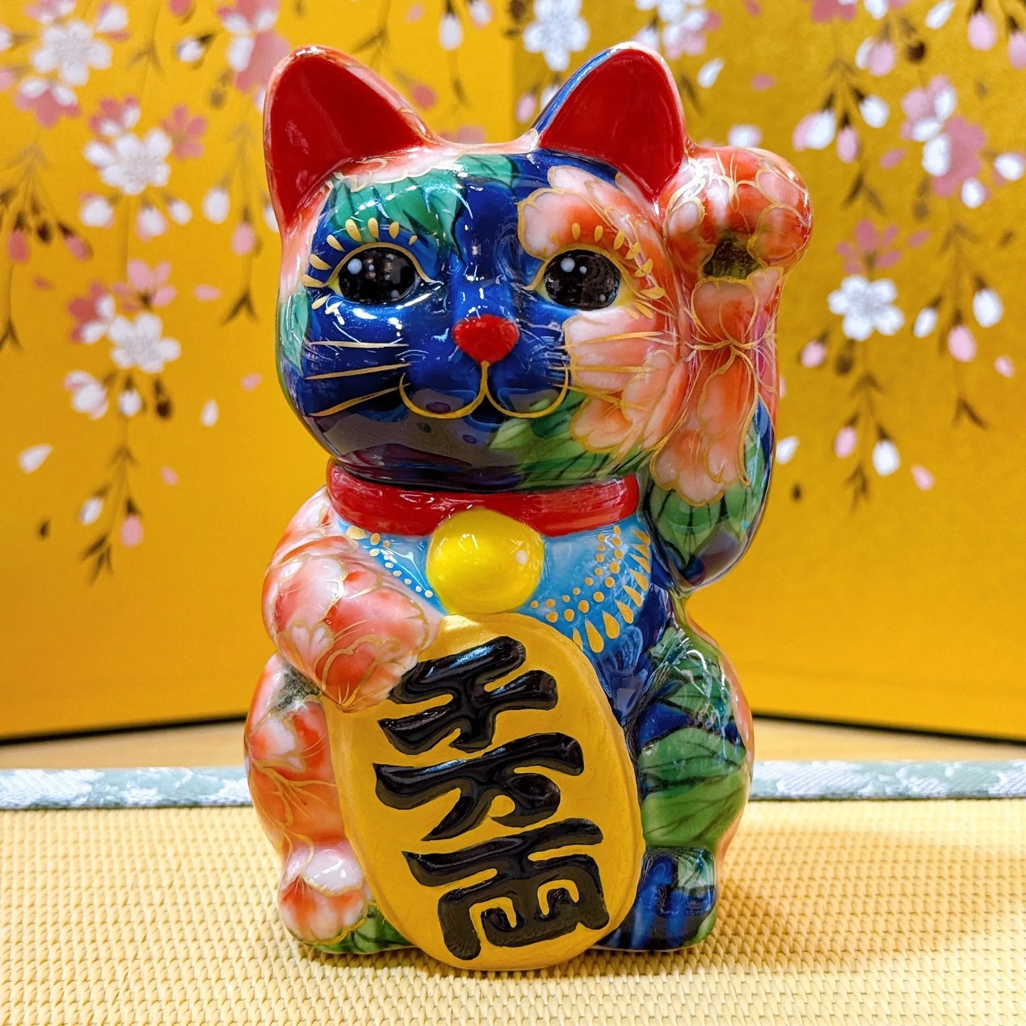 日本清水烧招财猫 色绘 琉璃地牡丹