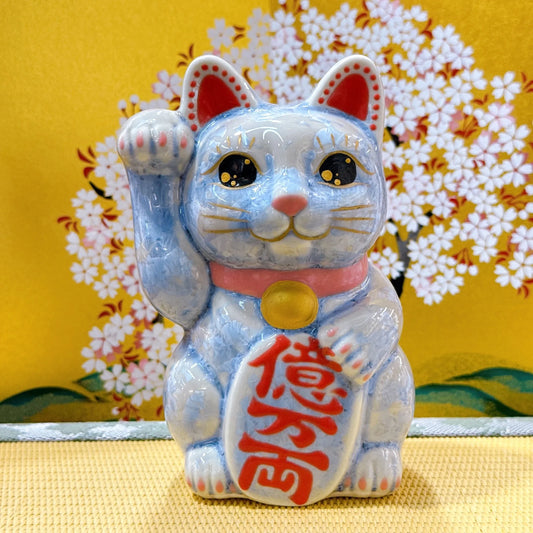 日本清水燒招財貓 花結晶 銀藤 億万両 右
