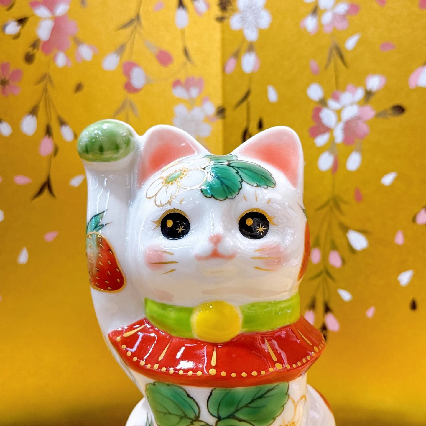 日本清水燒招財貓 色繪 白地 草莓