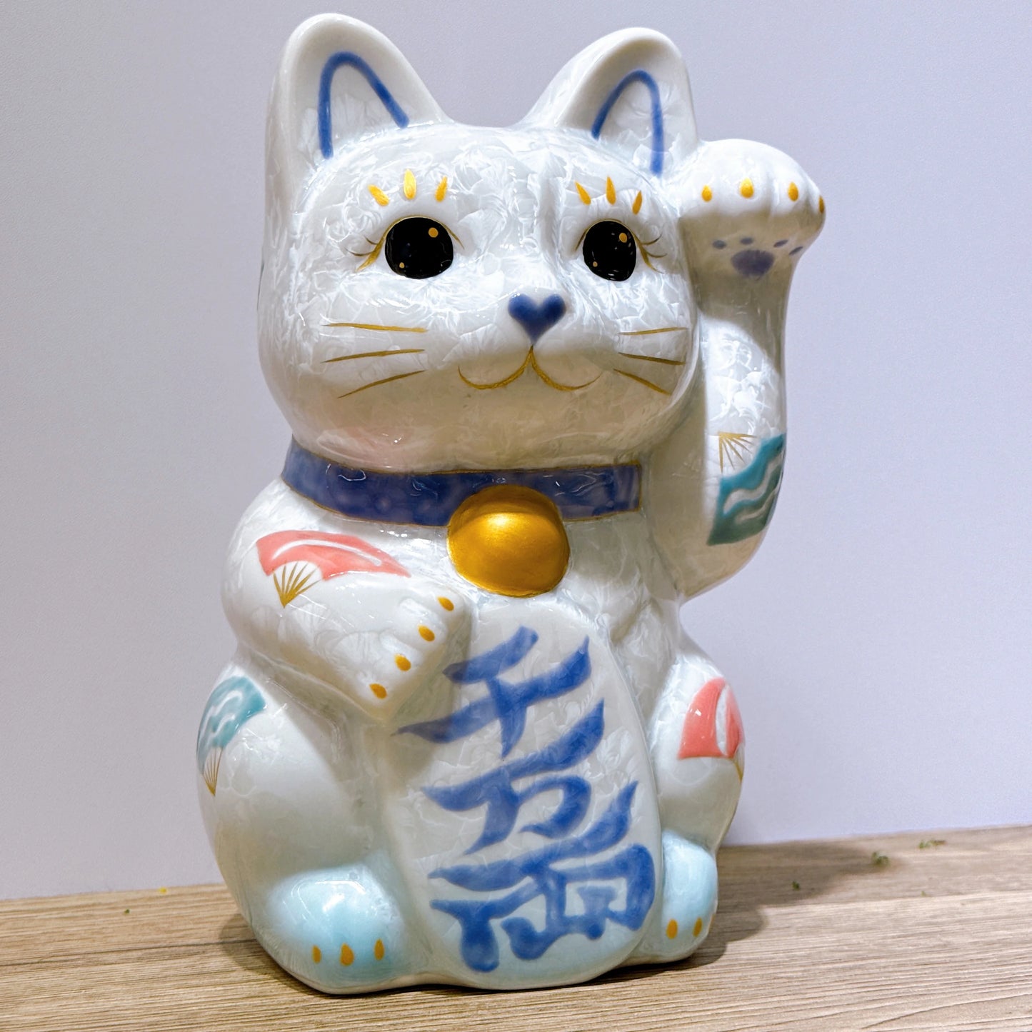 日本清水燒招財貓 花結晶 水白 千万両 特大 左