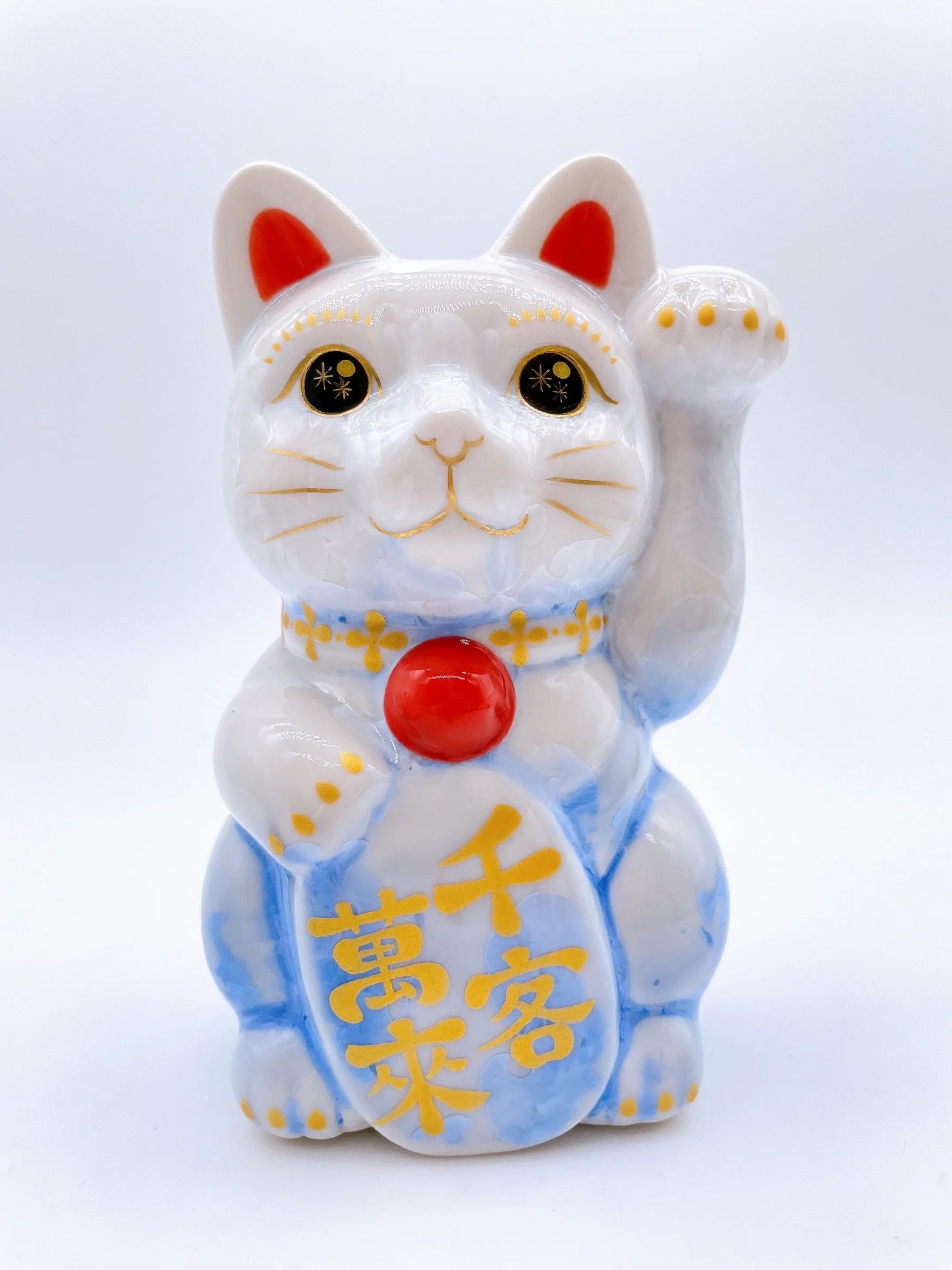 日本清水烧招财猫 花结晶 青白 千客万来