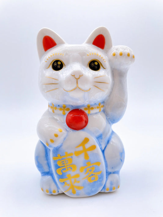 日本清水燒招財貓 花結晶 青白 千客万來