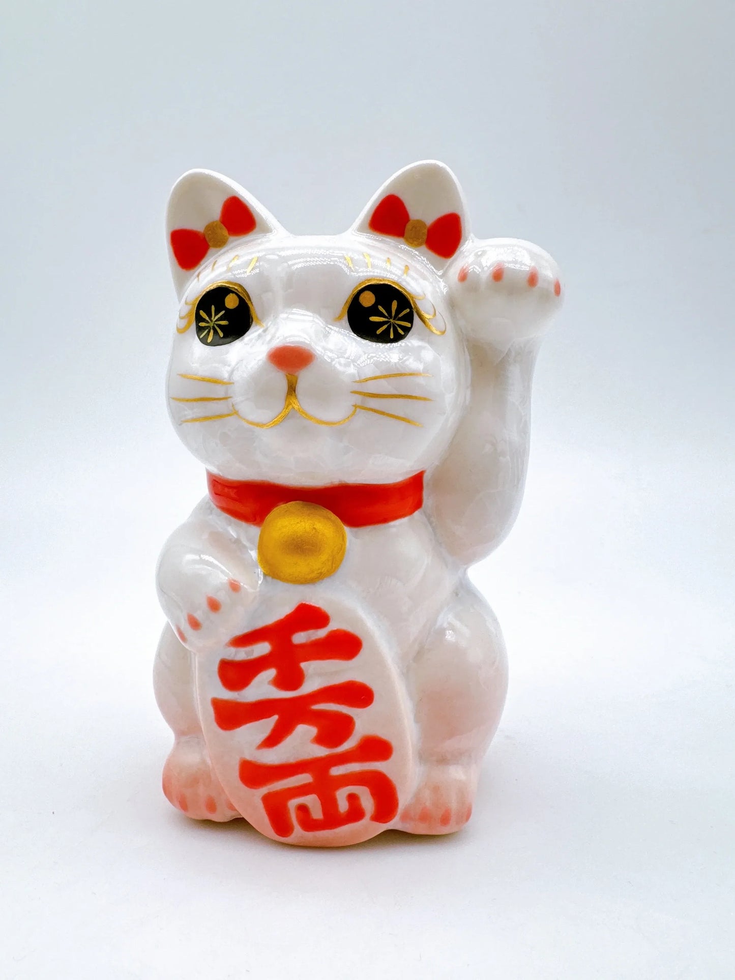 日本清水燒招財貓 花結晶 桃白 千万両 左