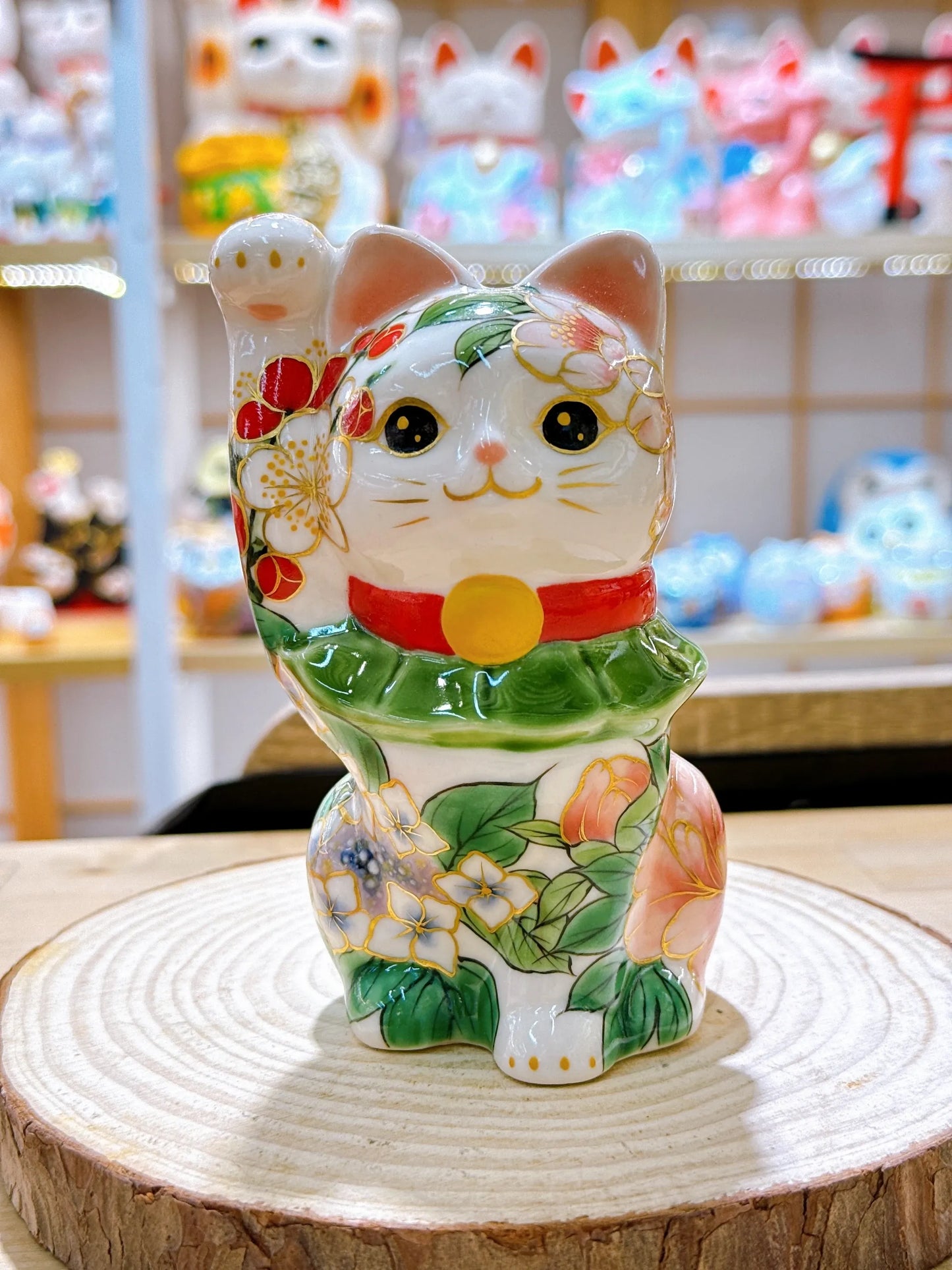 日本清水燒招財貓 色繪 四季草花