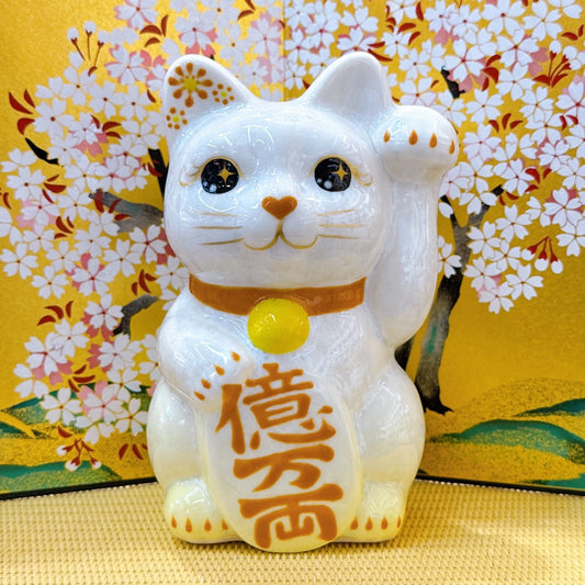 日本清水燒招財貓 花結晶 黃白 億万両 左