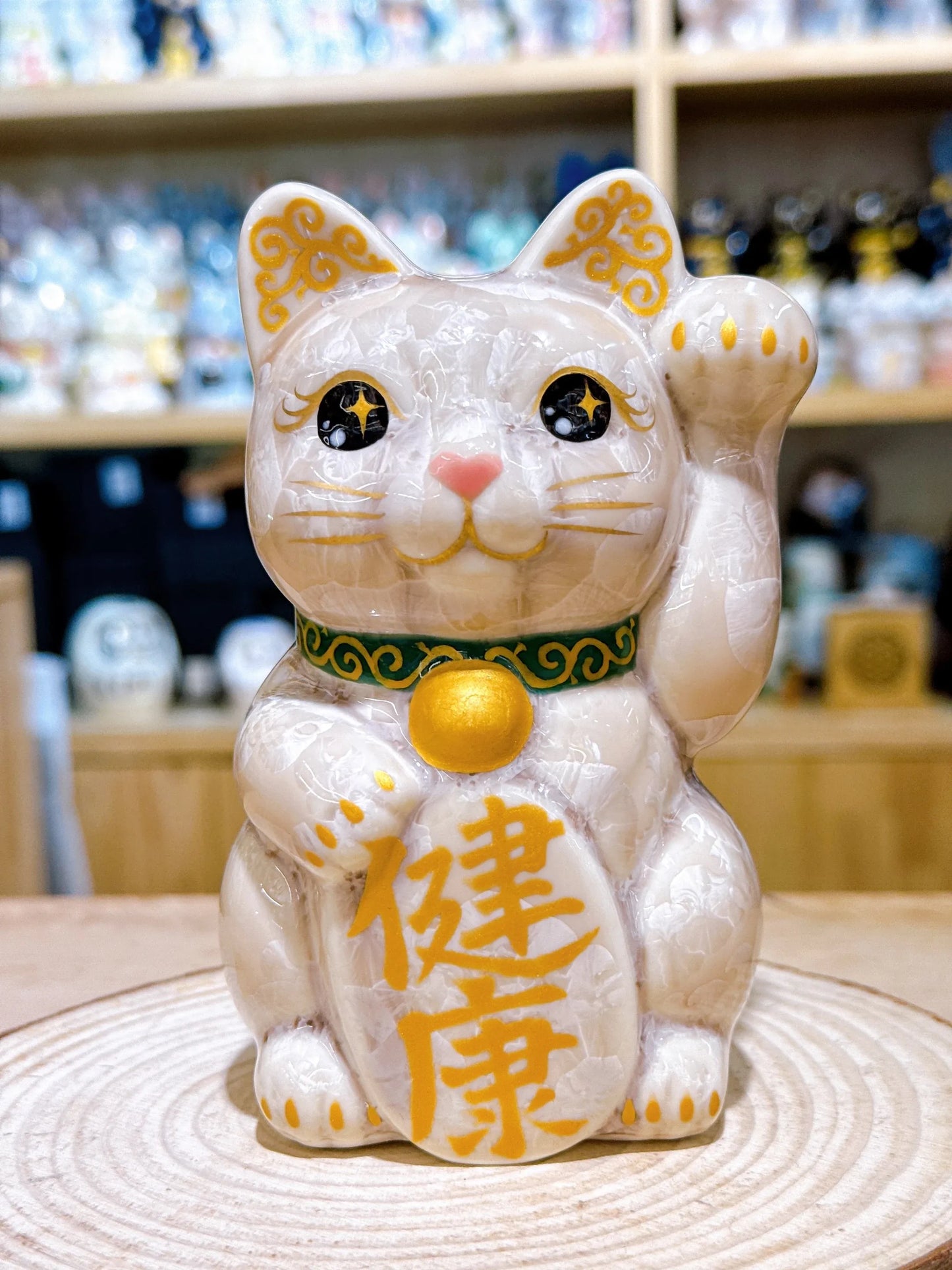 日本清水燒招財貓 花結晶 杏 健康 左