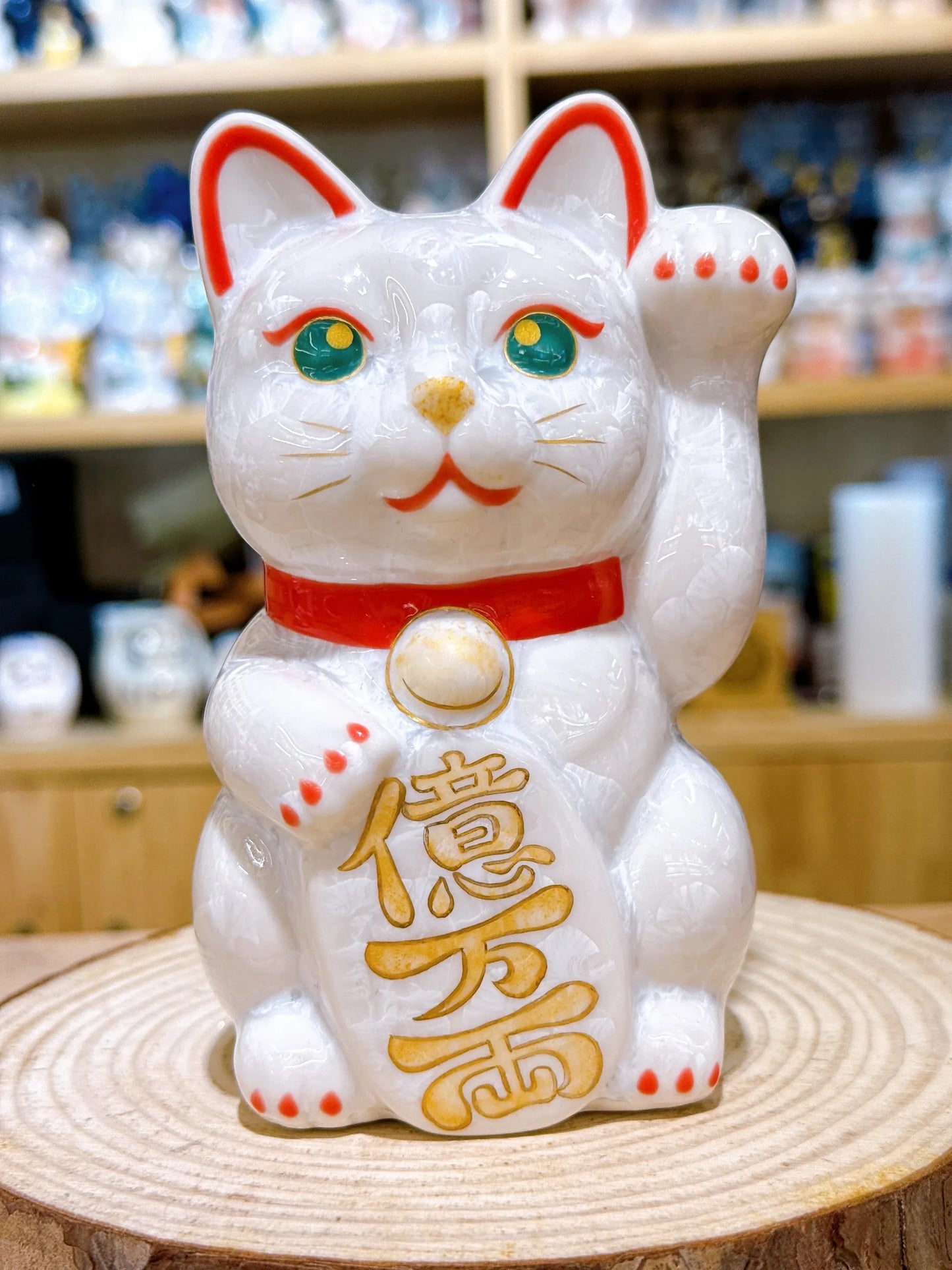 日本清水烧招财猫 花结晶 白 亿万两 左