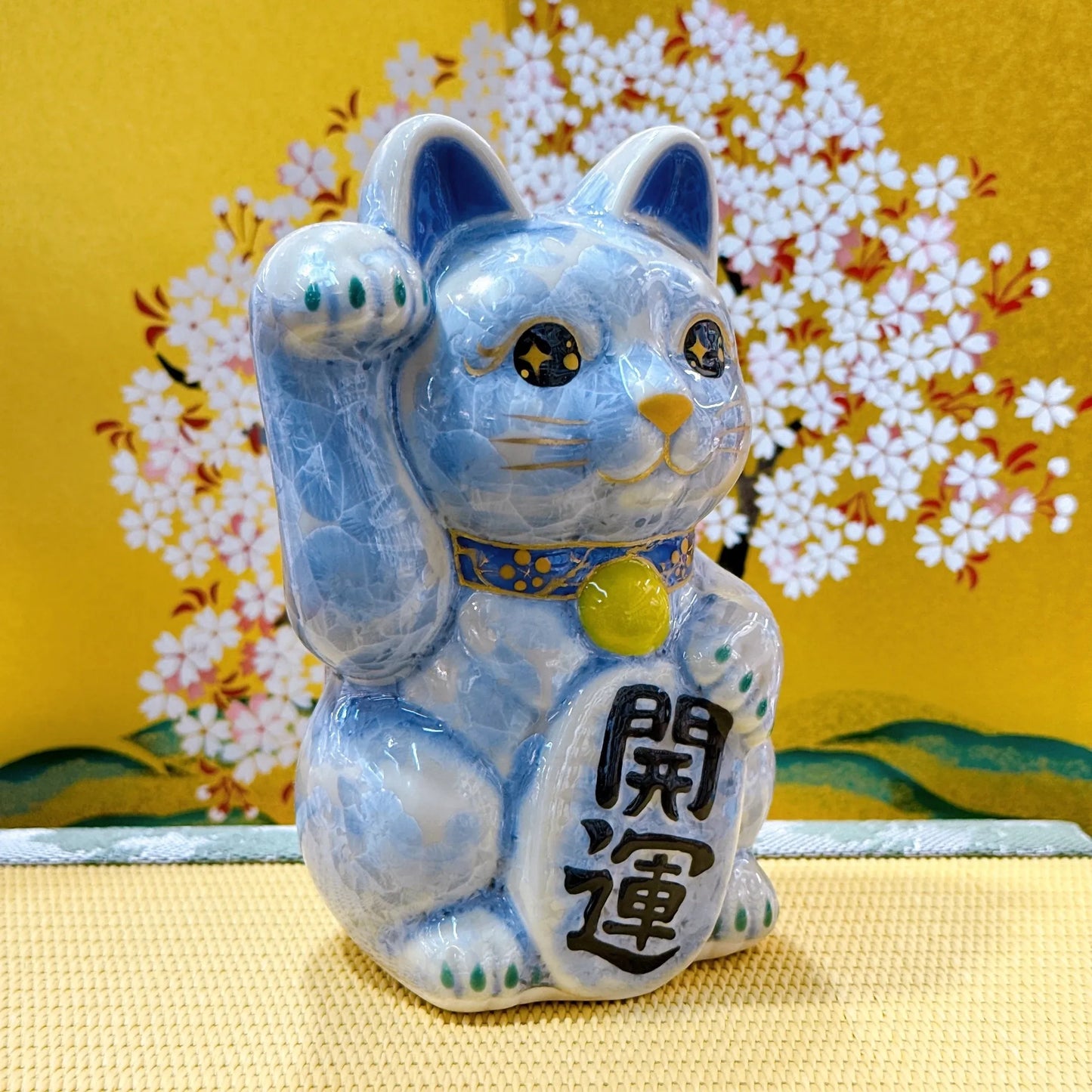 日本清水燒招財貓 花結晶 銀藤 開運 右