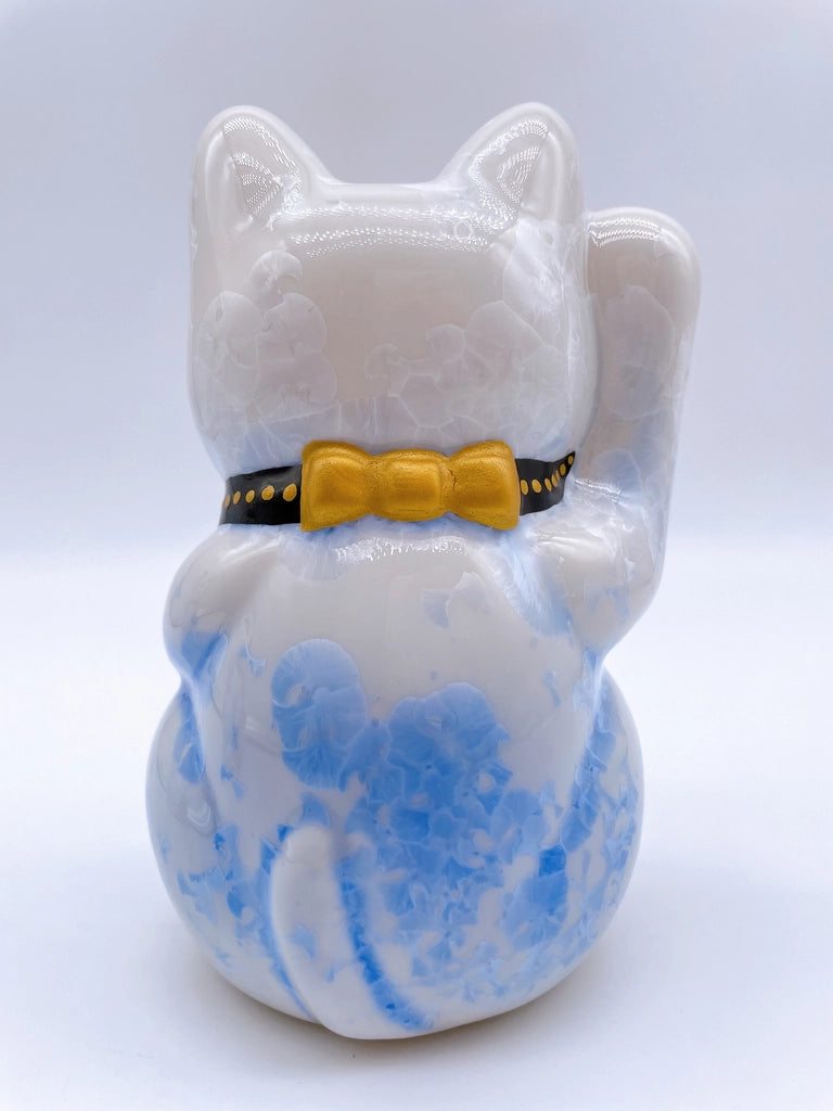 日本清水烧招财猫 花结晶 青白 亿万两