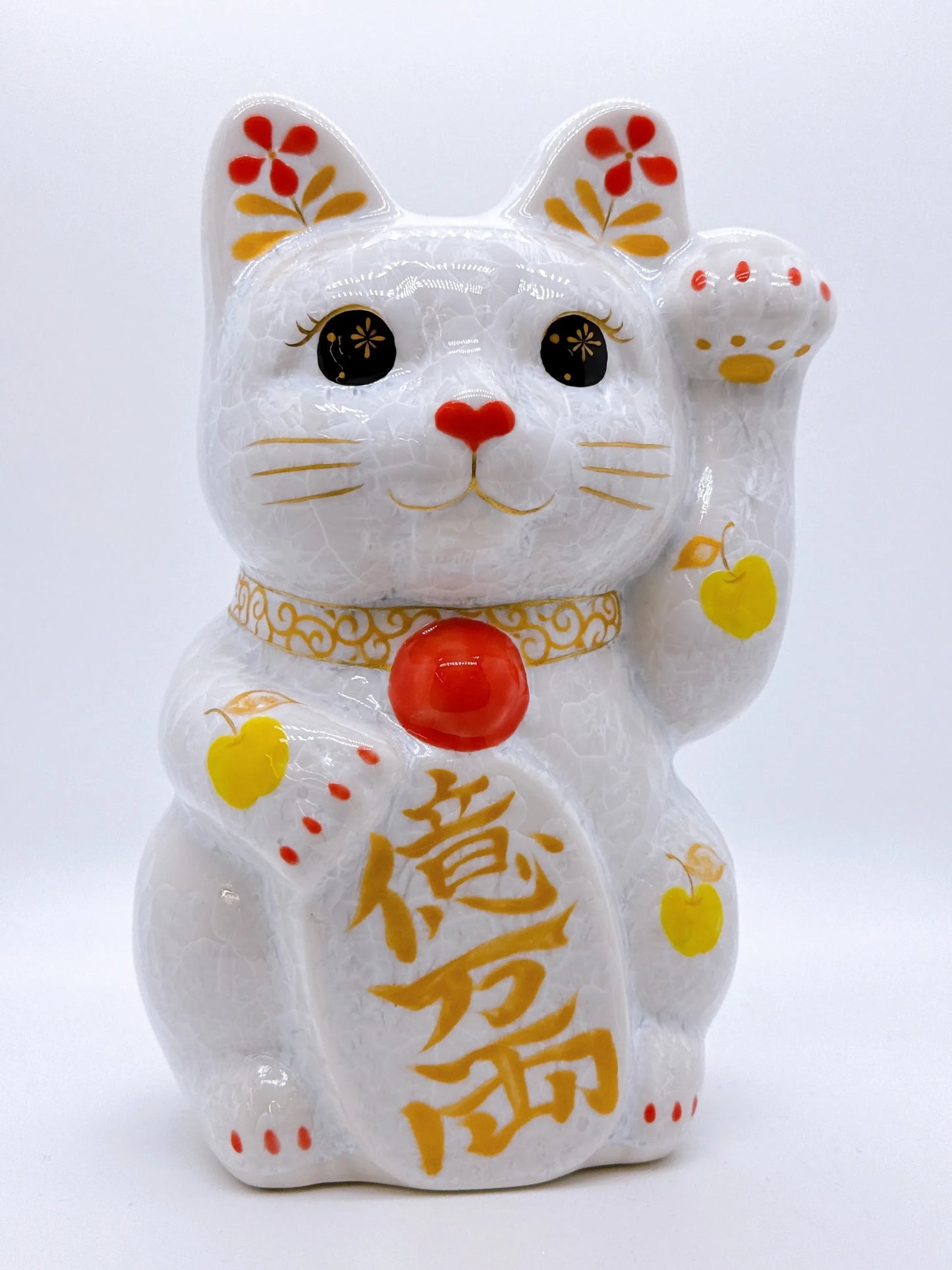 日本清水燒招財貓 花結晶 白 億万両 特大 左