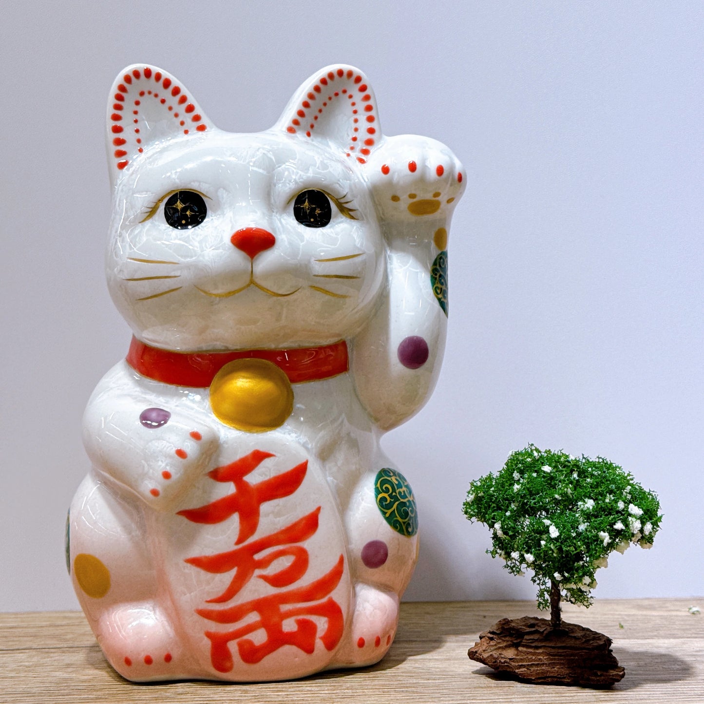 日本清水燒招財貓 花結晶 桃白 千万両 特大 左