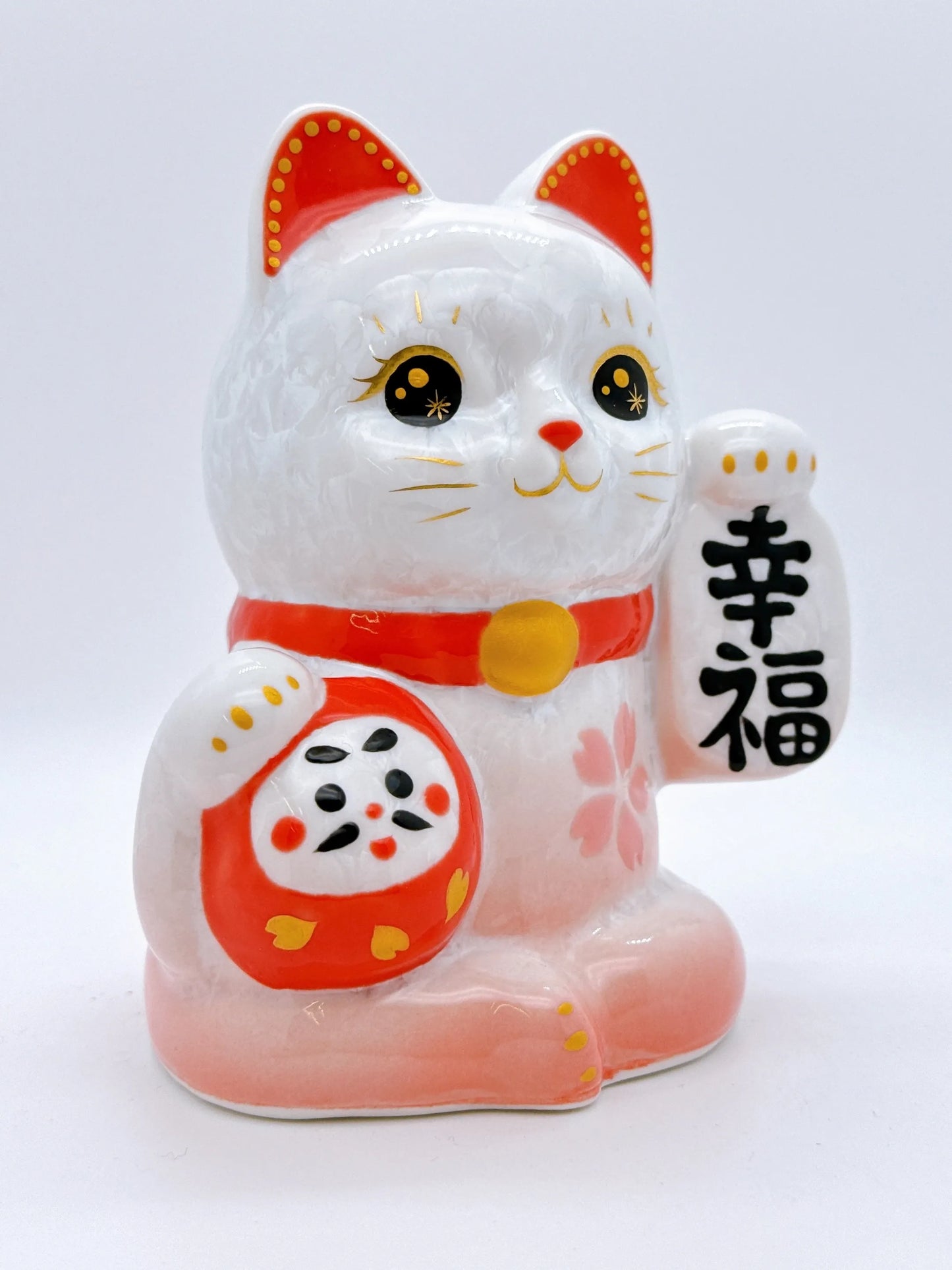 日本清水燒招財貓 達摩 花結晶 桃白 幸福